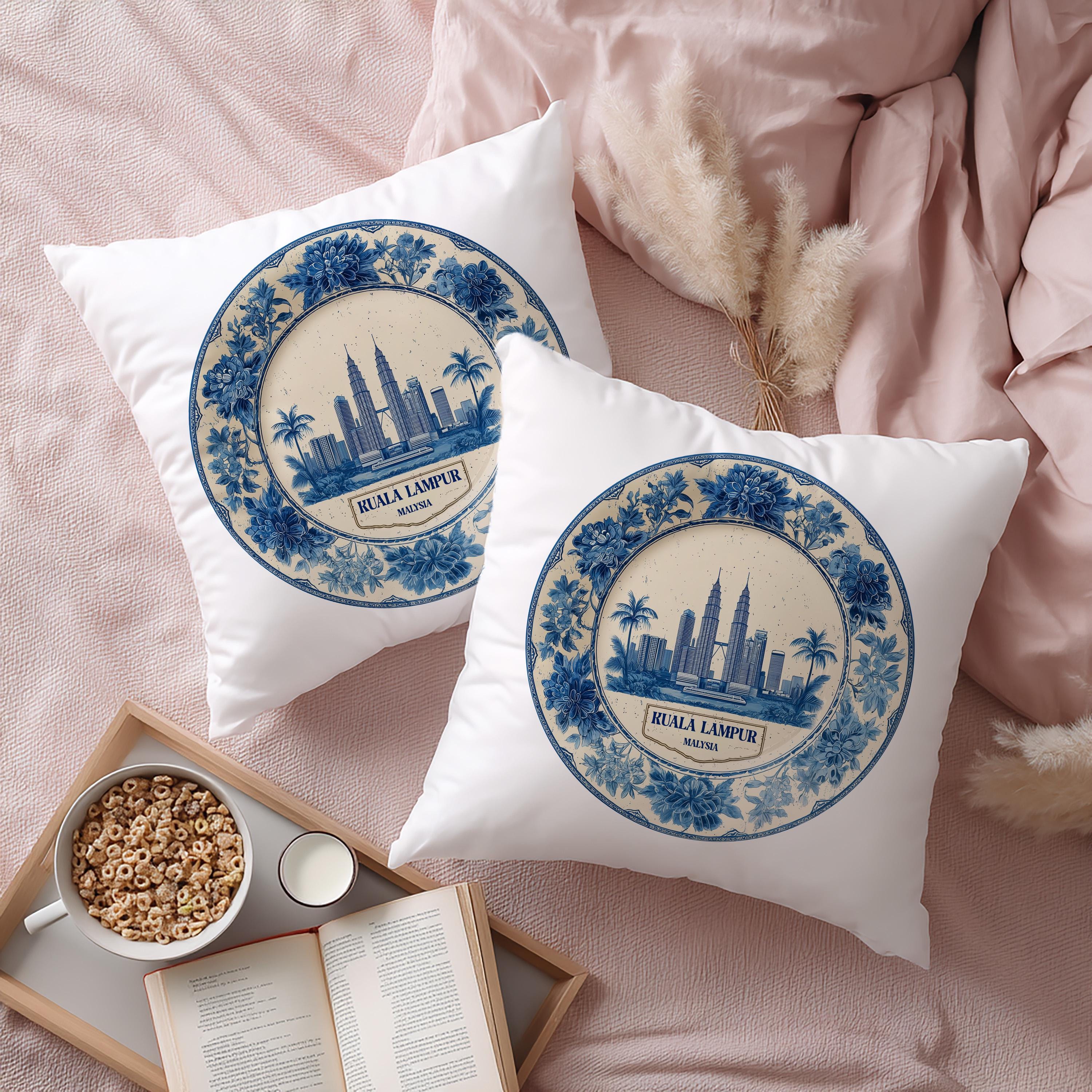 Kuala Lumpur Malaysia Pillowcase, Delft Style Decorative Throw Pillow, Vintage Cityscape Retro Home Decor