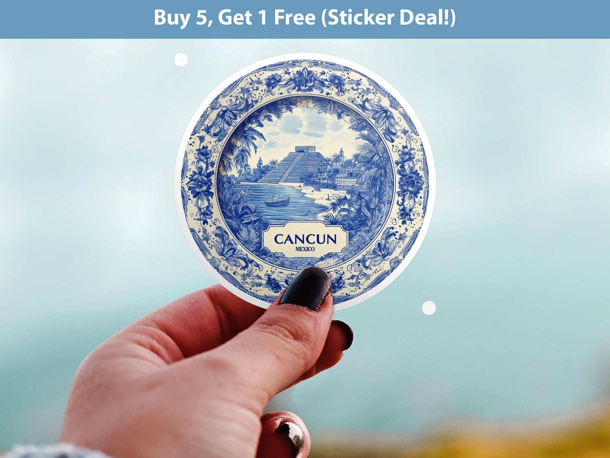 Cancun Mexico Sticker Vintage Delft style, Delftware Decal Waterproof Vinyl, Blue City Travel