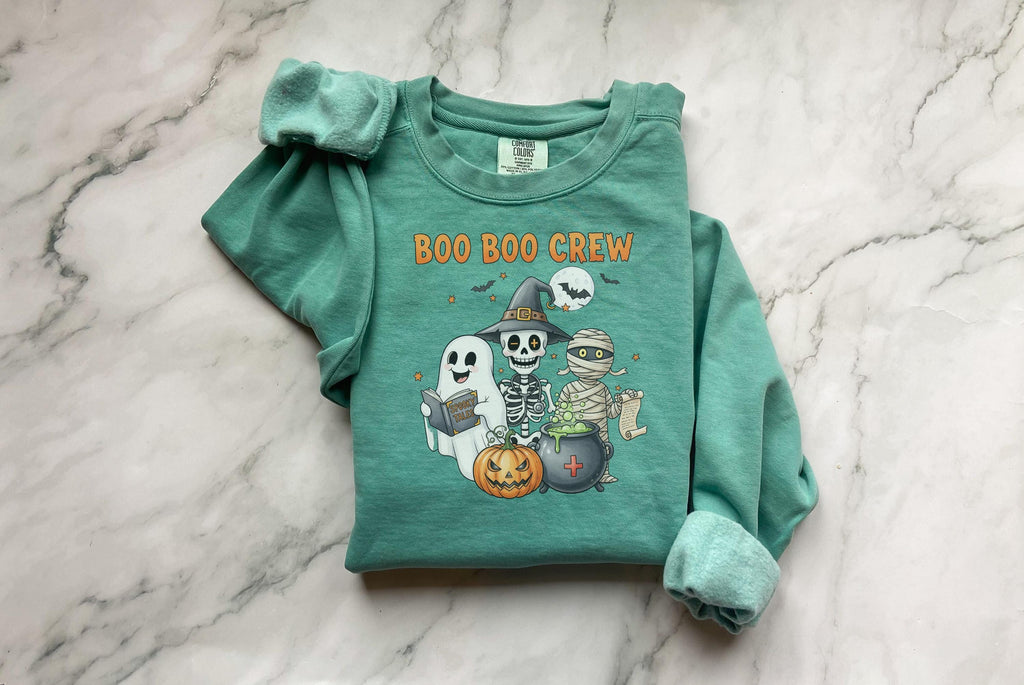 Boo Boo Crew Halloween Sweatshirt, Squad Ghouls  Funny Ghost Mummy Frankenstein Top, Cute Spooky Monster Fall Apparel, Cozy Retro Creepy Gi