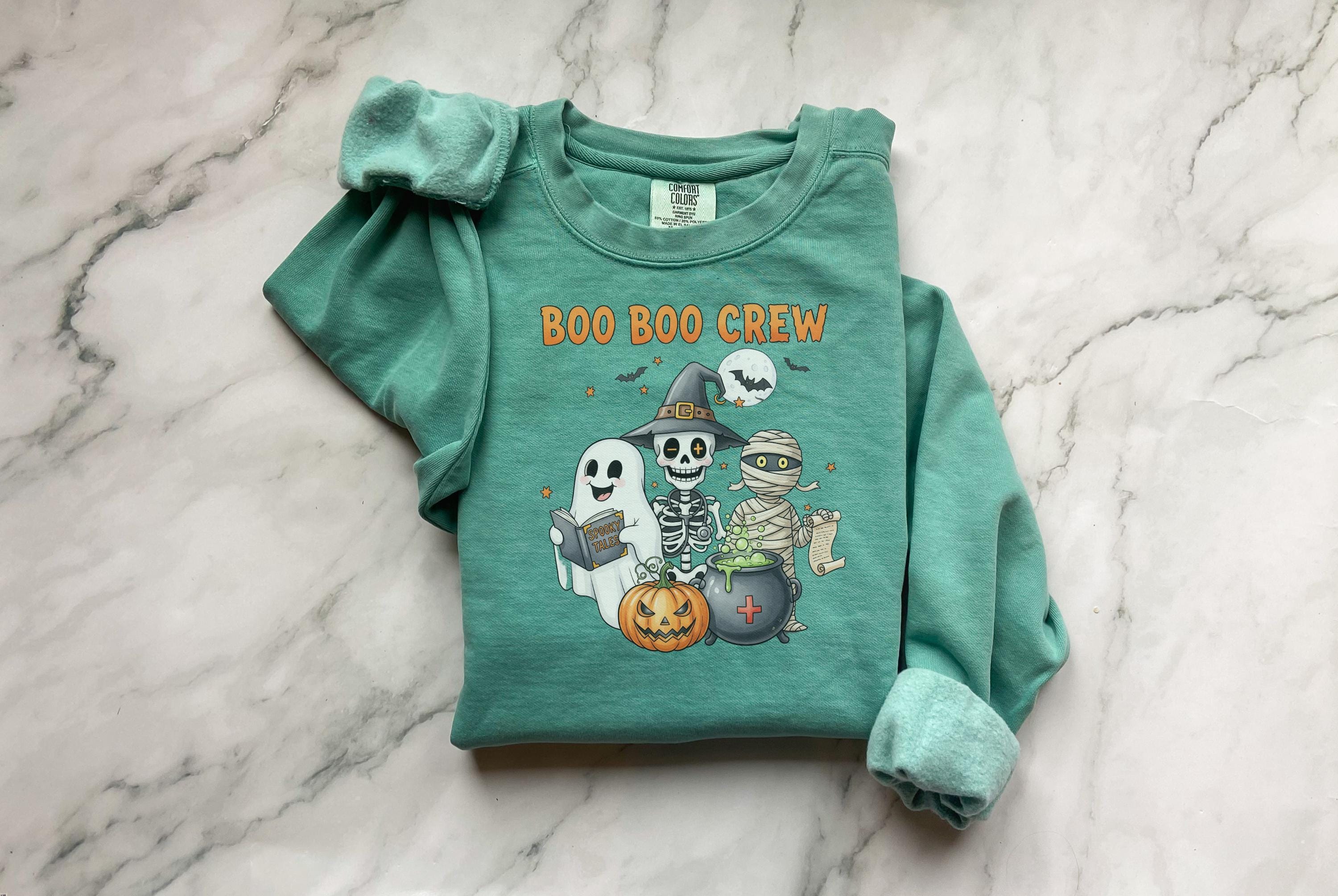 Boo Boo Crew Halloween Sweatshirt, Squad Ghouls  Funny Ghost Mummy Frankenstein Top, Cute Spooky Monster Fall Apparel, Cozy Retro Creepy Gi