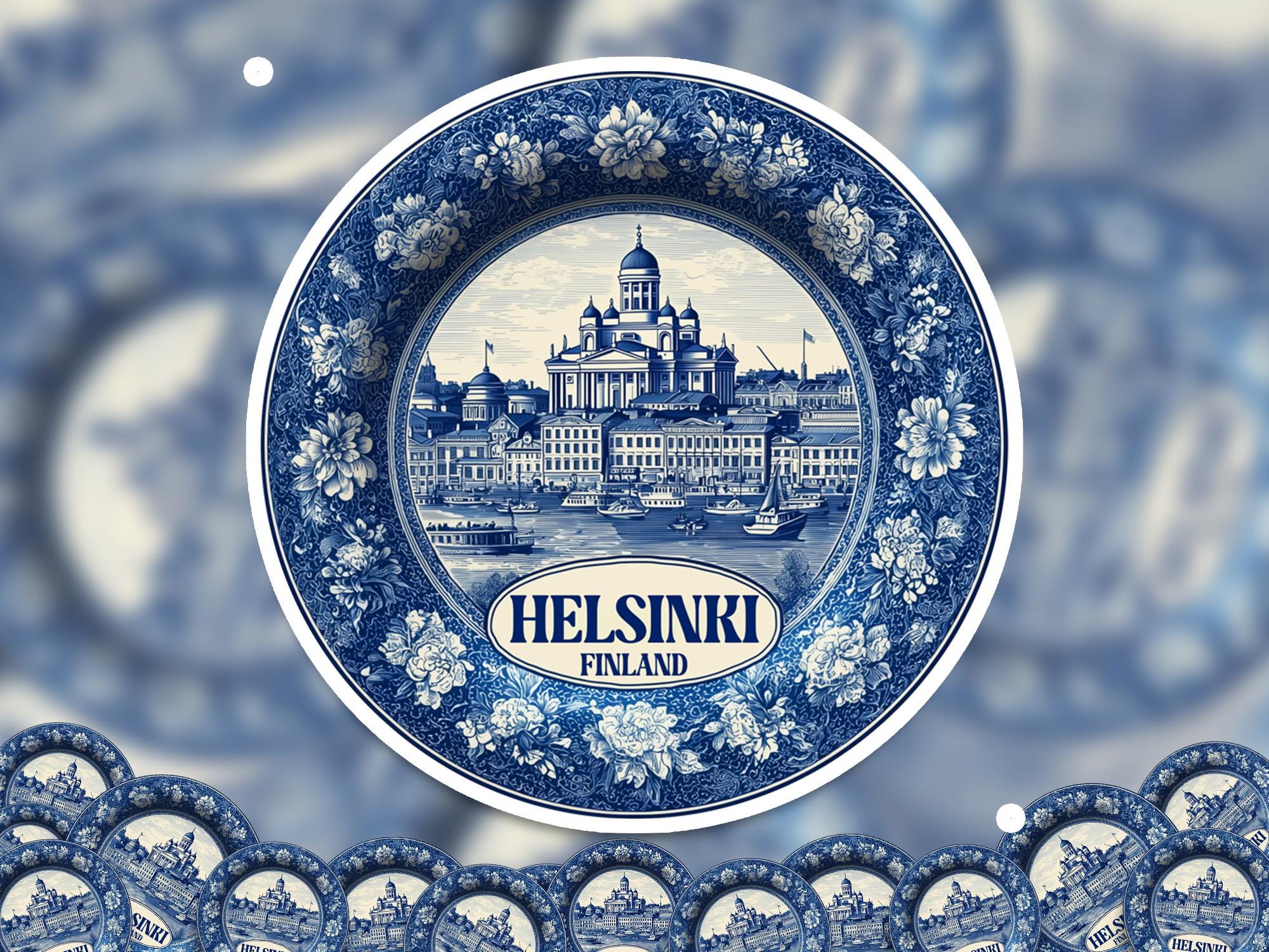 Helsinki Finland Sticker Vintage Delft style, Delftware Decal Waterproof Vinyl, Blue City Travel