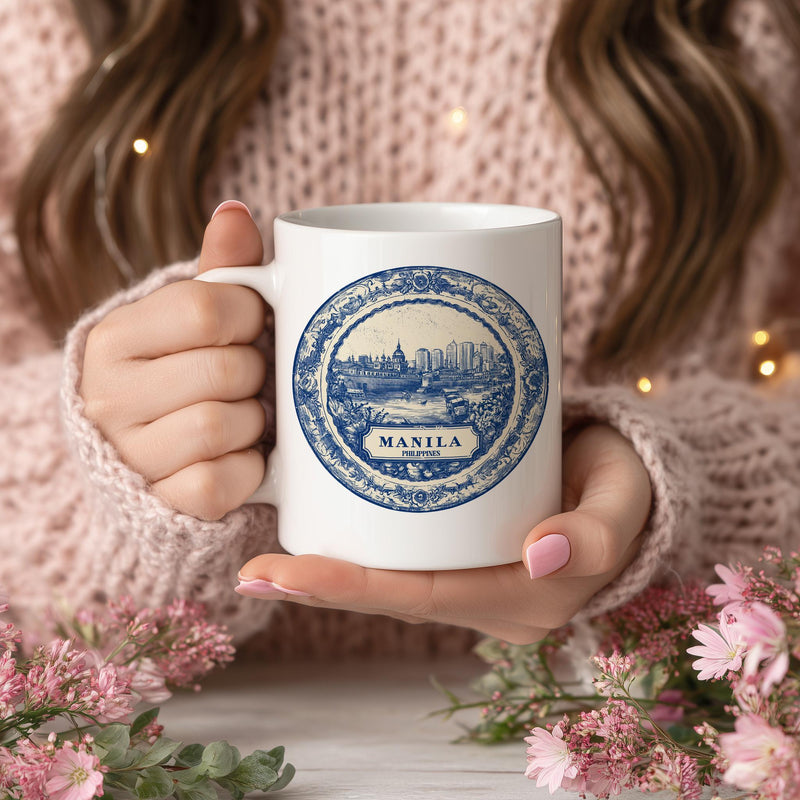 Manila Philippines Mug, Custom Delft Style cup, Personalized Vintage Travel City Gift