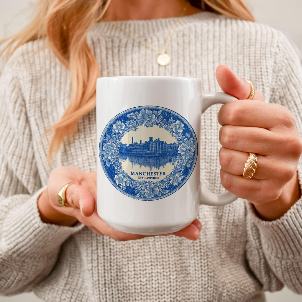Manchester New Hampshire Mug, Custom Delft Style cup, Personalized Vintage Travel City Gift