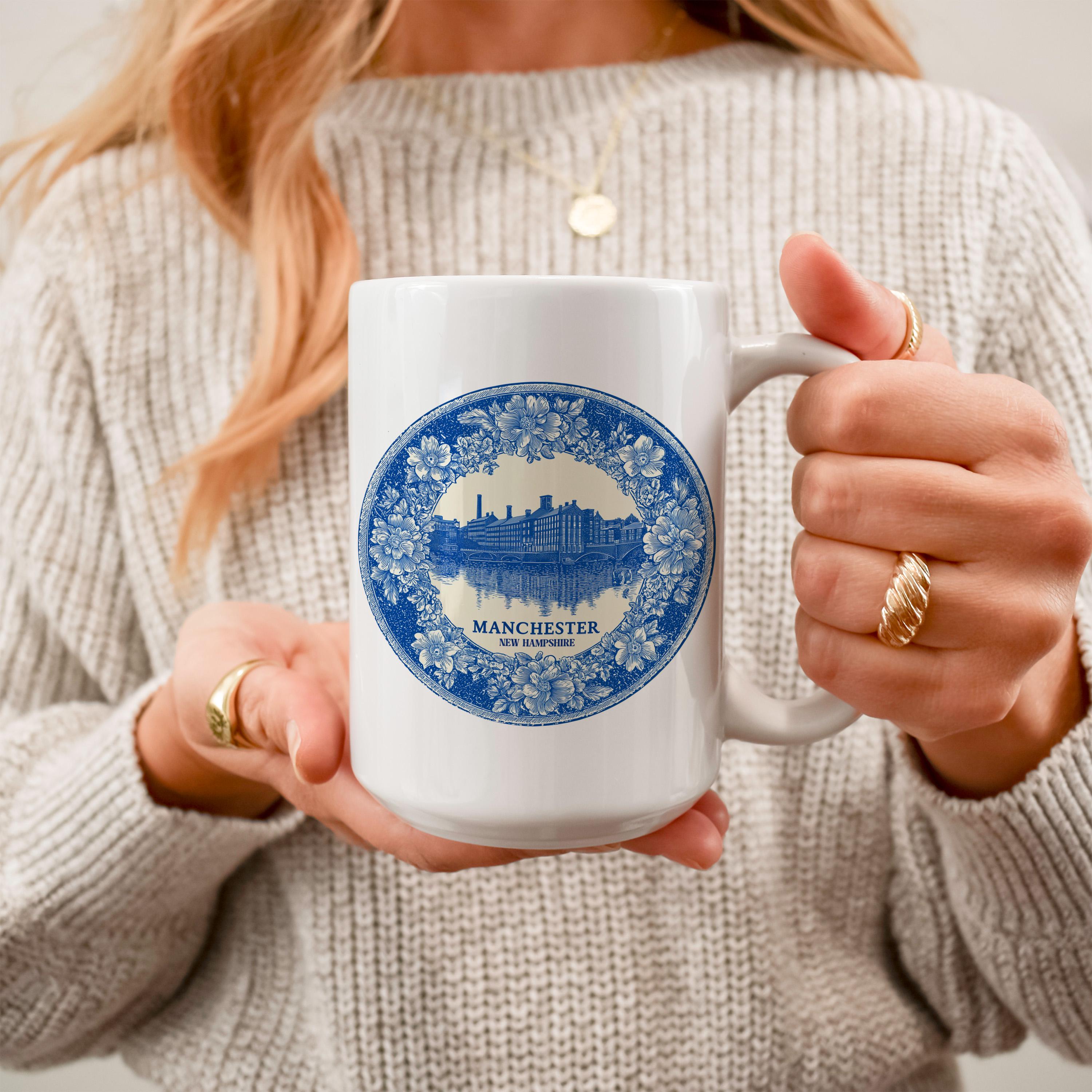 Manchester New Hampshire Mug, Custom Delft Style cup, Personalized Vintage Travel City Gift