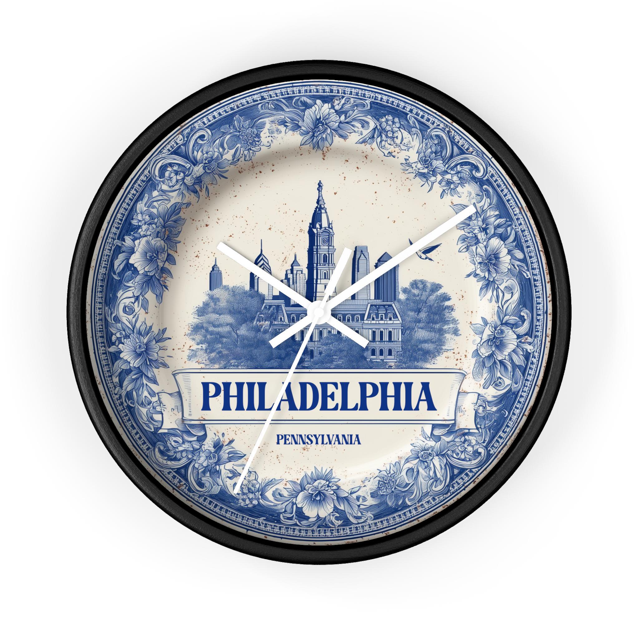 Philadelphia Pennsylvania Wall Clock, Delf style Home Decor, Vintage City Travel Keepsake Art