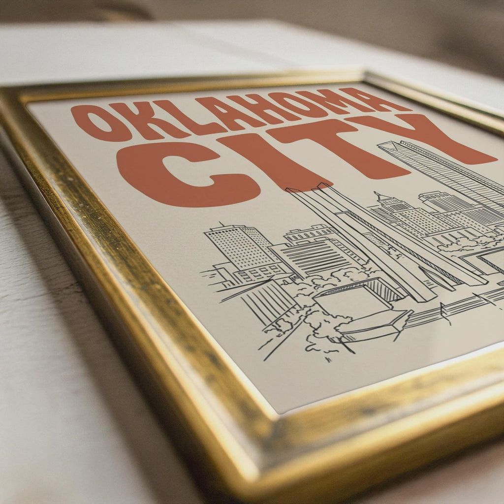 Oklahoma City Skyline Wall Art, Framed Canvas Print, Retro Home Decor