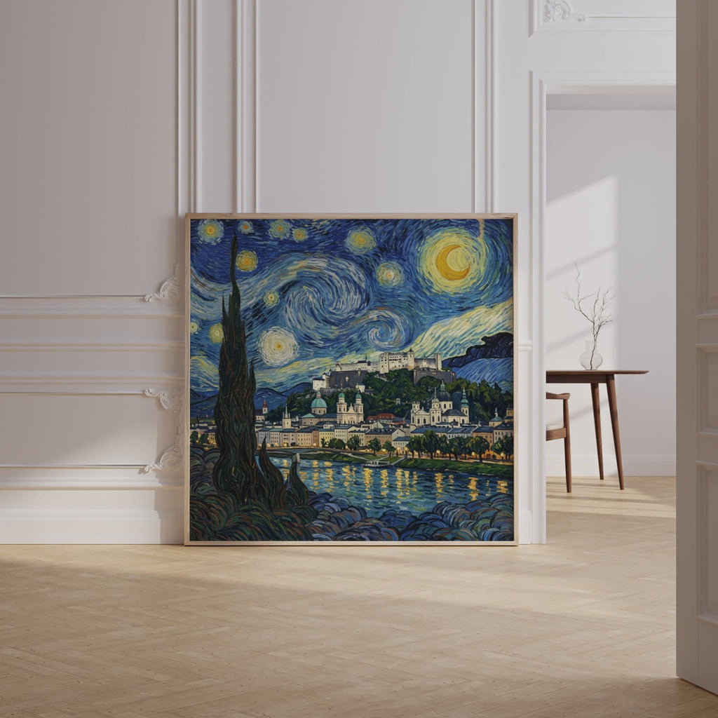 Salzburg Starry Night Wall Art, Van Gogh Style Framed Canvas, Austria City Print