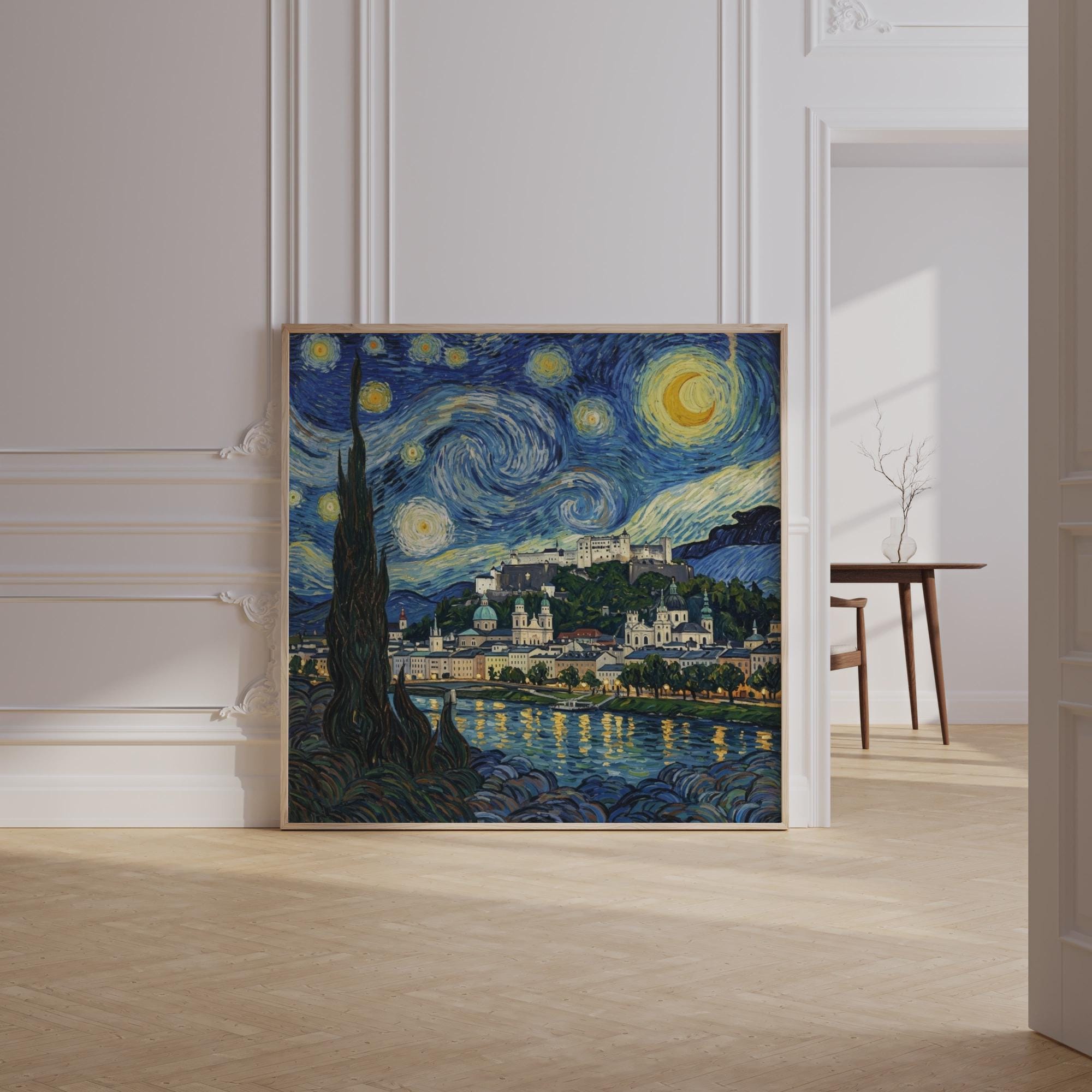 Salzburg Starry Night Wall Art, Van Gogh Style Framed Canvas, Austria City Print
