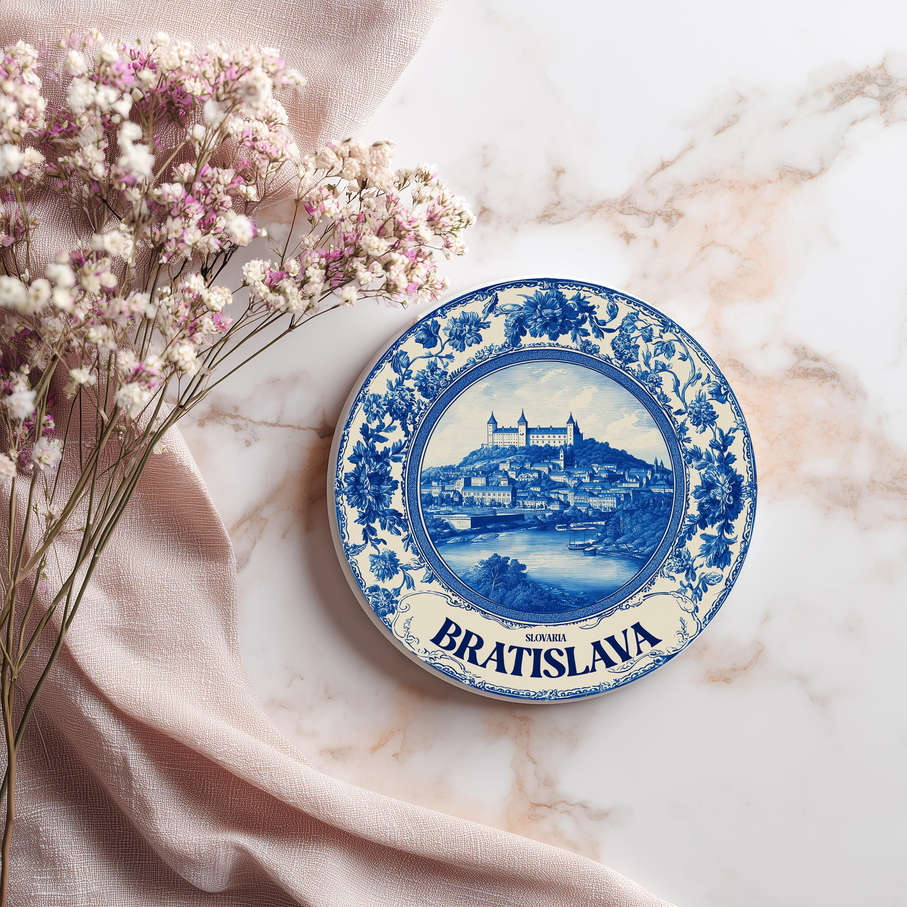 Bratislava Slovakia Delftware Ceramic Coaster, Blue White Travel Gift, Vintage Home Decor Collectible