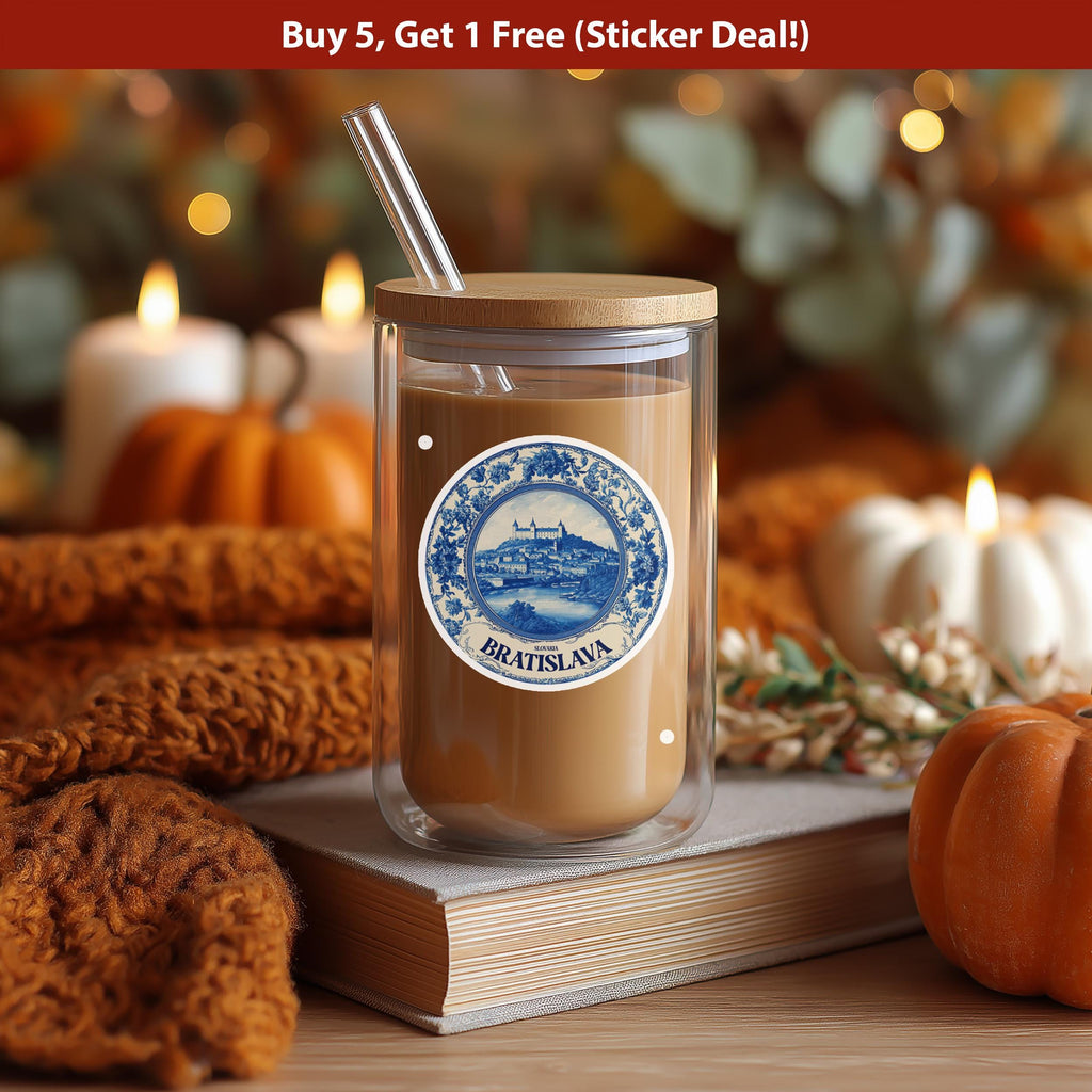 Bratislava Slovakia Sticker Vintage Delft style, Delftware Decal Waterproof Vinyl, Blue City Travel