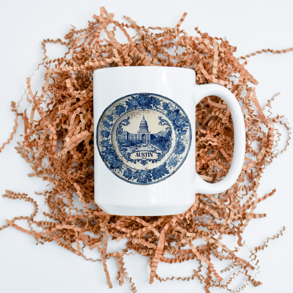 Austin Texas Mug, Custom Delft Style cup, Personalized Vintage Travel City Gift