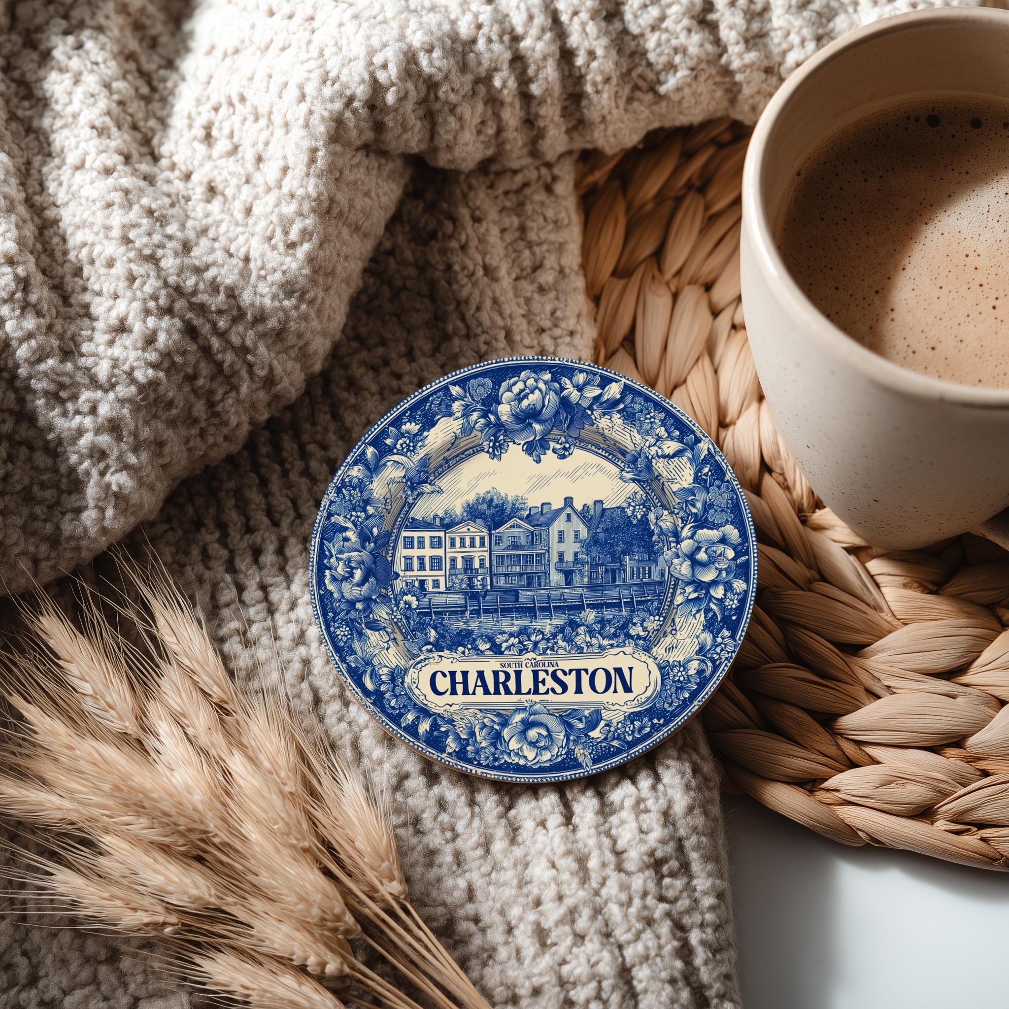 Charleston South Carolina Delftware Ceramic Coaster, Blue White Travel Gift, Vintage Home Decor - CuteBeePix