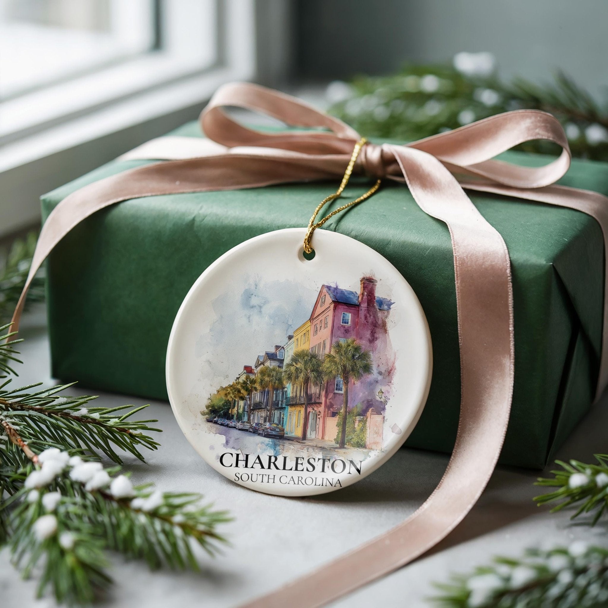 Charleston South Carolina Personalized Watercolor Ornament, Custom Ceramic Christmas gift, Travel Keepsake - CuteBeePix