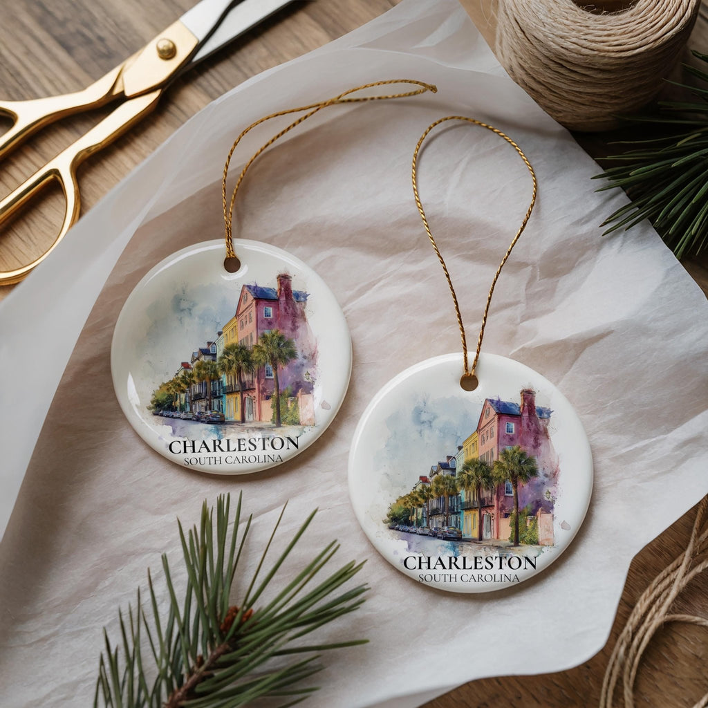 Charleston South Carolina Personalized Watercolor Ornament, Custom Ceramic Christmas gift, Travel Keepsake - CuteBeePix