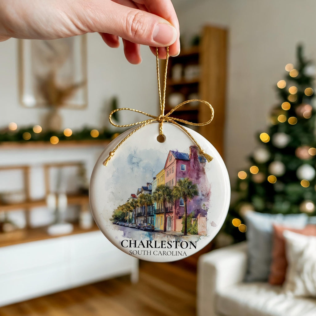 Charleston South Carolina Personalized Watercolor Ornament, Custom Ceramic Christmas gift, Travel Keepsake - CuteBeePix