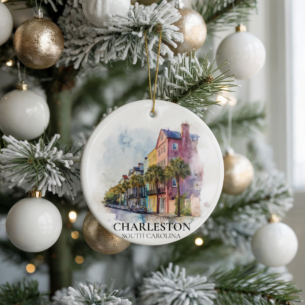 Charleston South Carolina Personalized Watercolor Ornament, Custom Ceramic Christmas gift, Travel Keepsake - CuteBeePix
