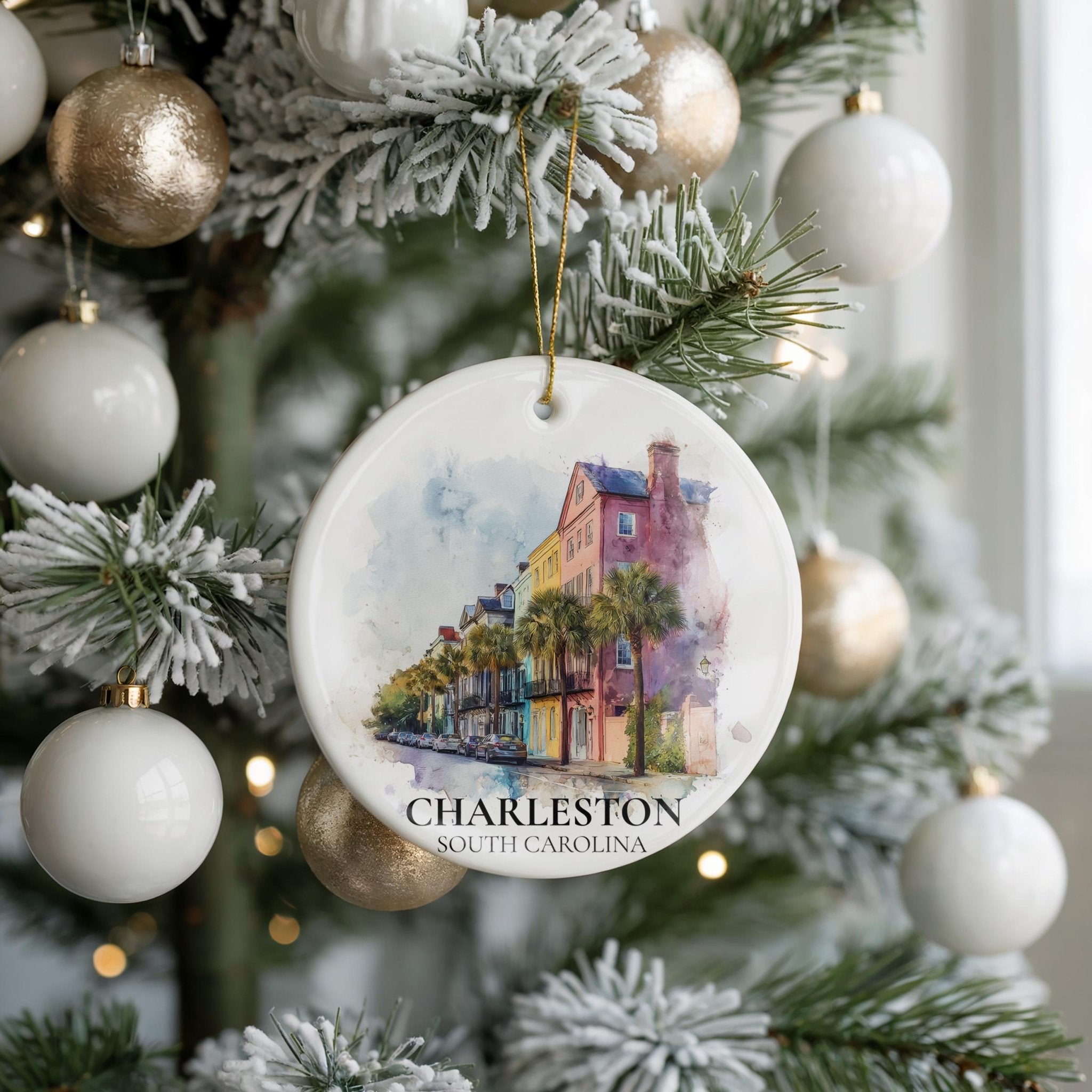 Charleston South Carolina Personalized Watercolor Ornament, Custom Ceramic Christmas gift, Travel Keepsake - CuteBeePix