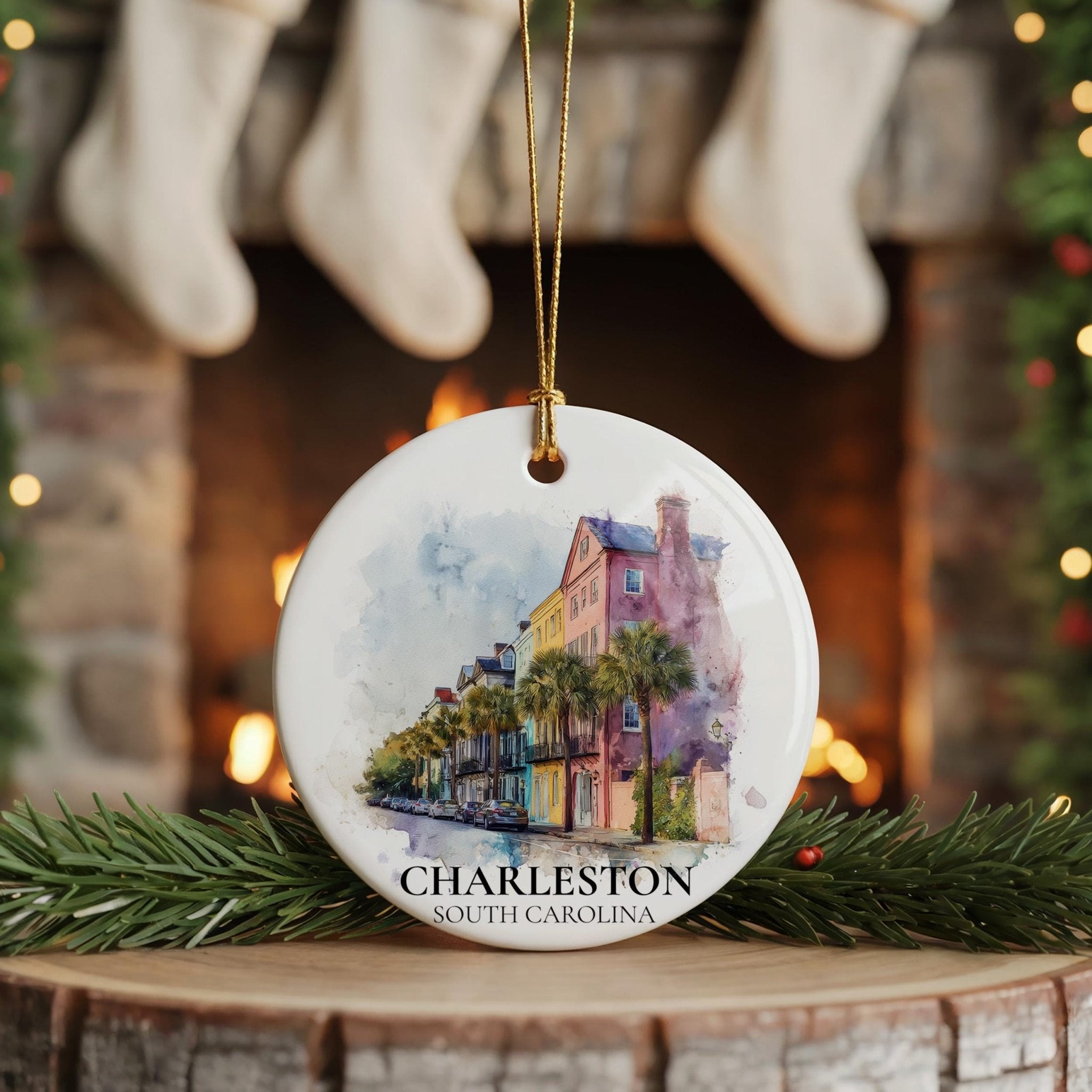 Charleston South Carolina Personalized Watercolor Ornament, Custom Ceramic Christmas gift, Travel Keepsake - CuteBeePix