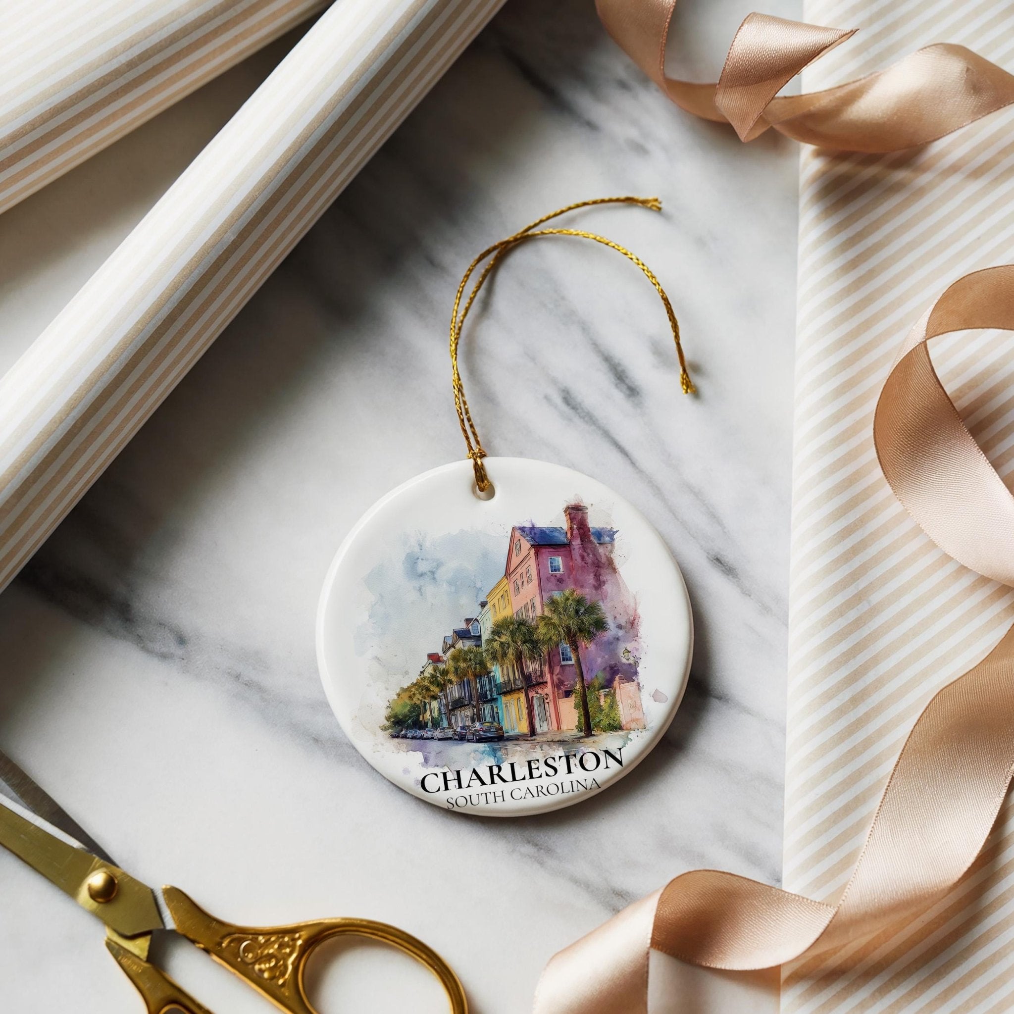 Charleston South Carolina Personalized Watercolor Ornament, Custom Ceramic Christmas gift, Travel Keepsake - CuteBeePix