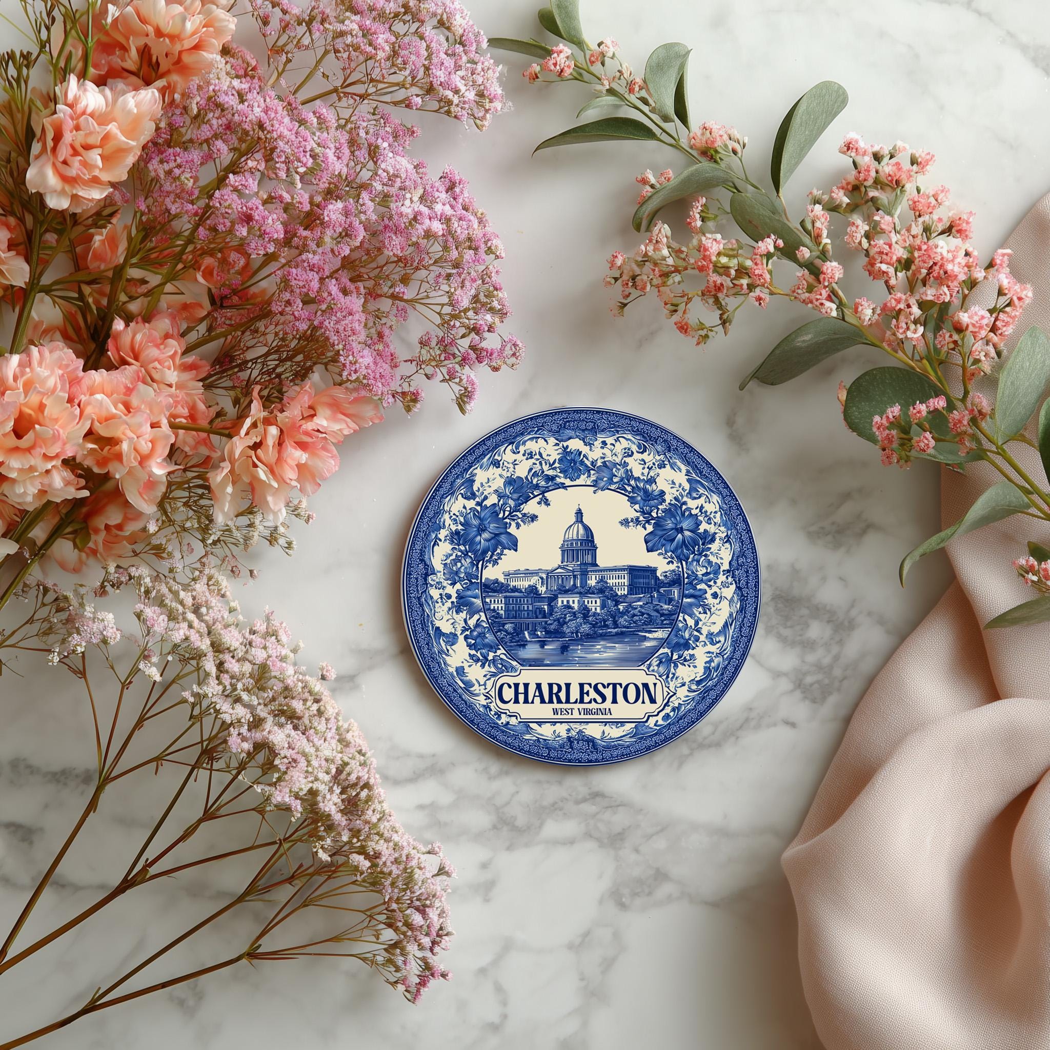 Charleston West Virginia Delftware Ceramic Coaster, Blue White Travel Gift, Vintage Home Decor - CuteBeePix