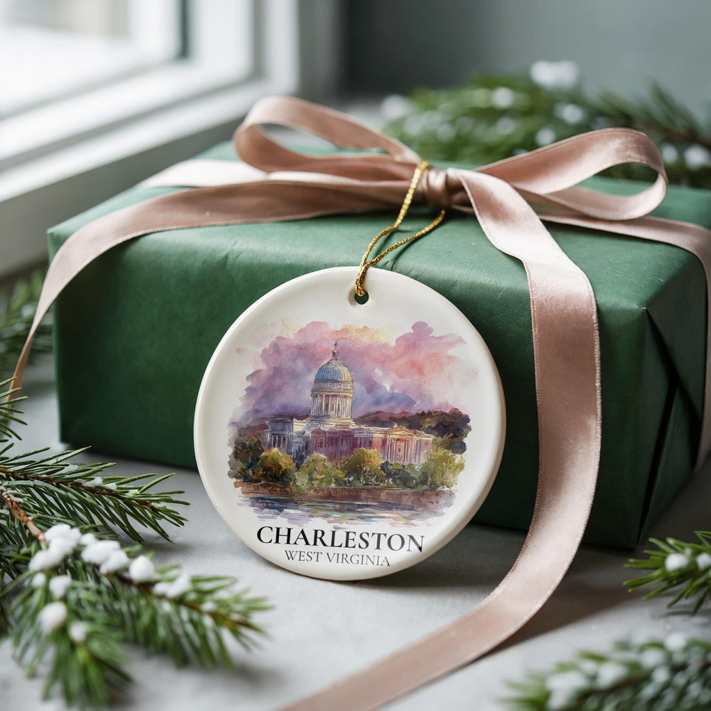 Charleston West Virginia Personalized Watercolor Ornament, Custom Ceramic Christmas gift, Travel Keepsake - CuteBeePix
