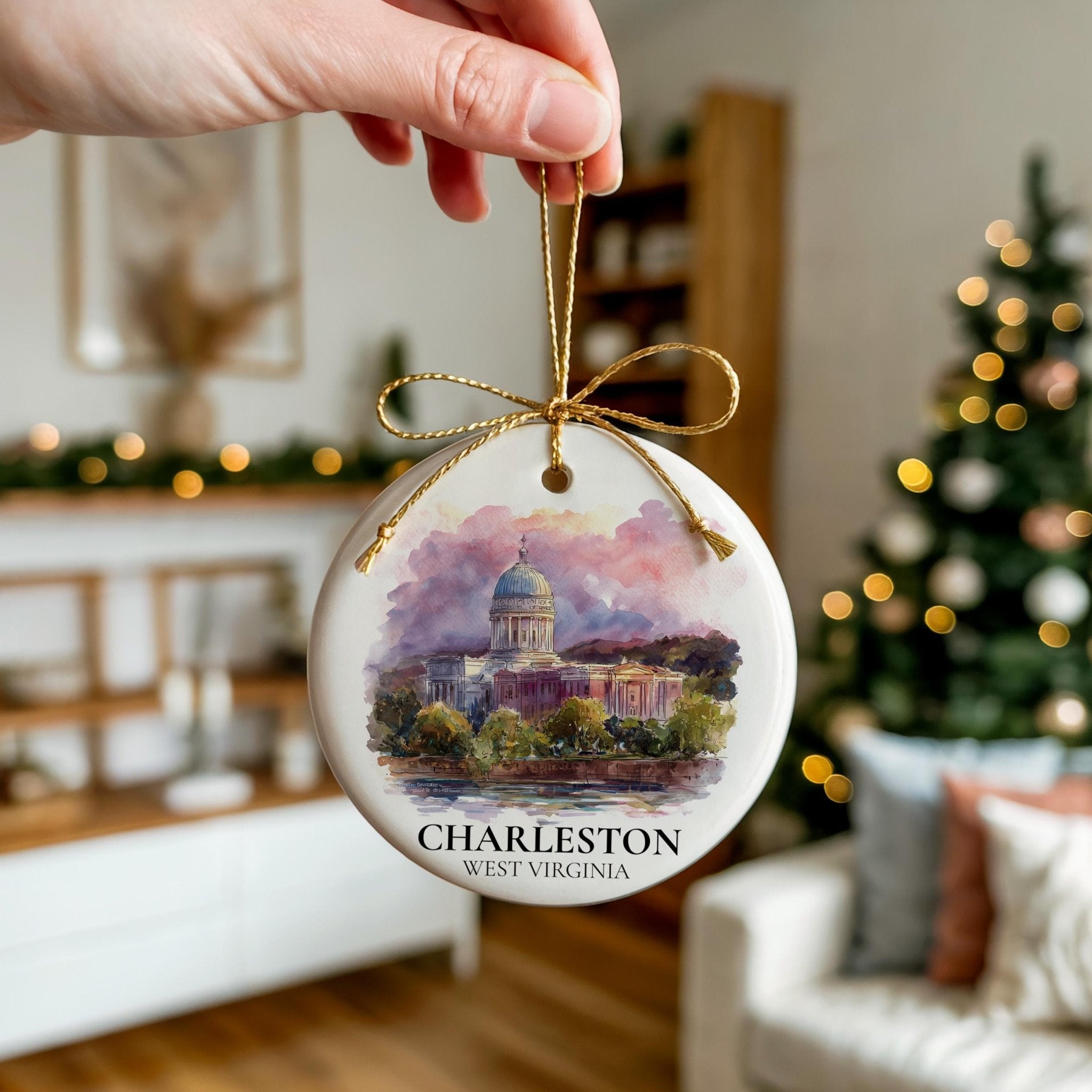 Charleston West Virginia Personalized Watercolor Ornament, Custom Ceramic Christmas gift, Travel Keepsake - CuteBeePix