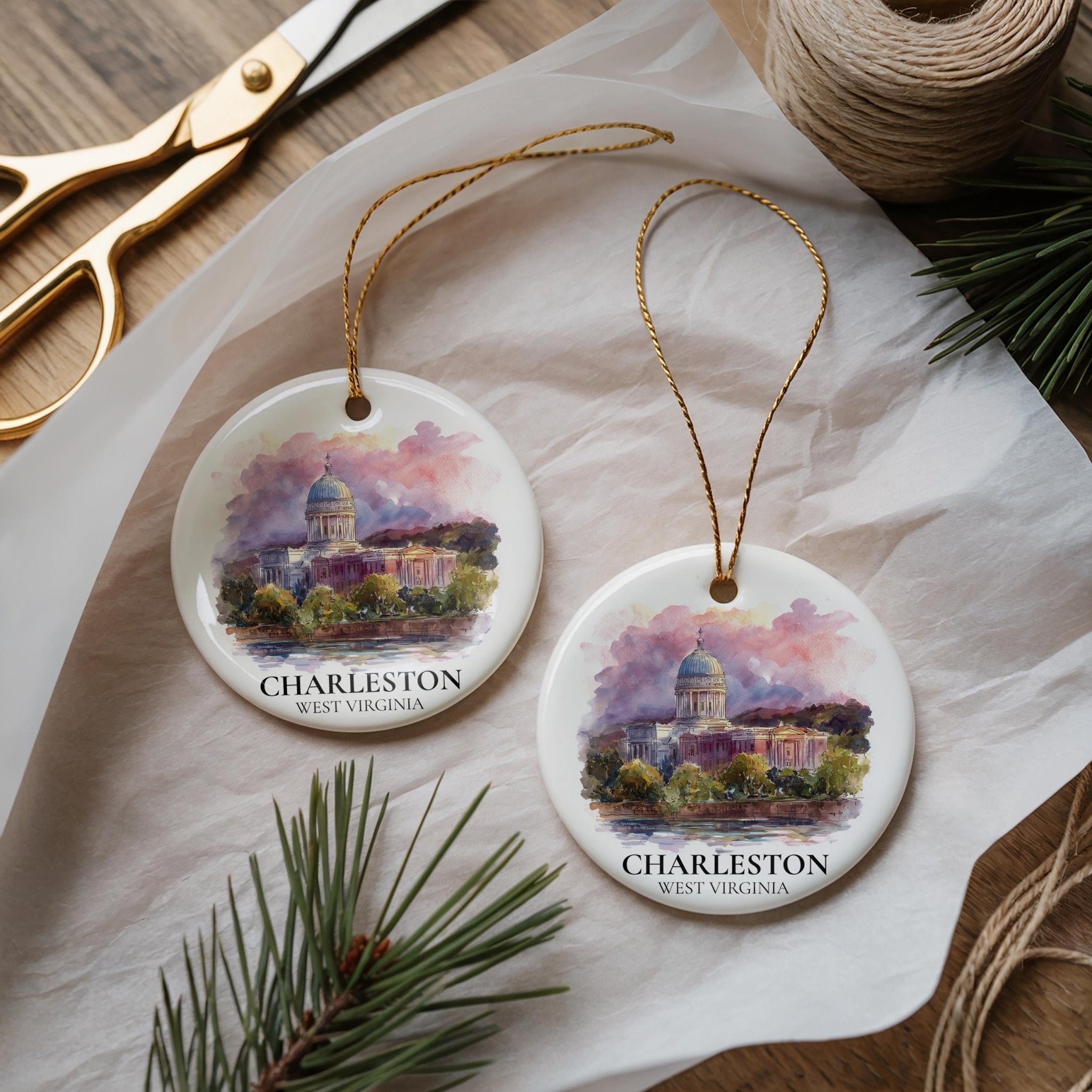 Charleston West Virginia Personalized Watercolor Ornament, Custom Ceramic Christmas gift, Travel Keepsake - CuteBeePix