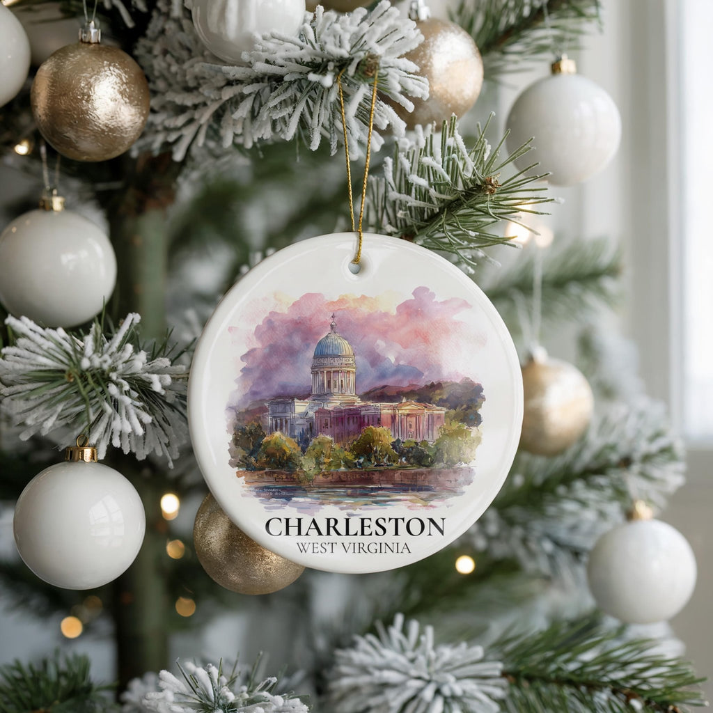 Charleston West Virginia Personalized Watercolor Ornament, Custom Ceramic Christmas gift, Travel Keepsake - CuteBeePix