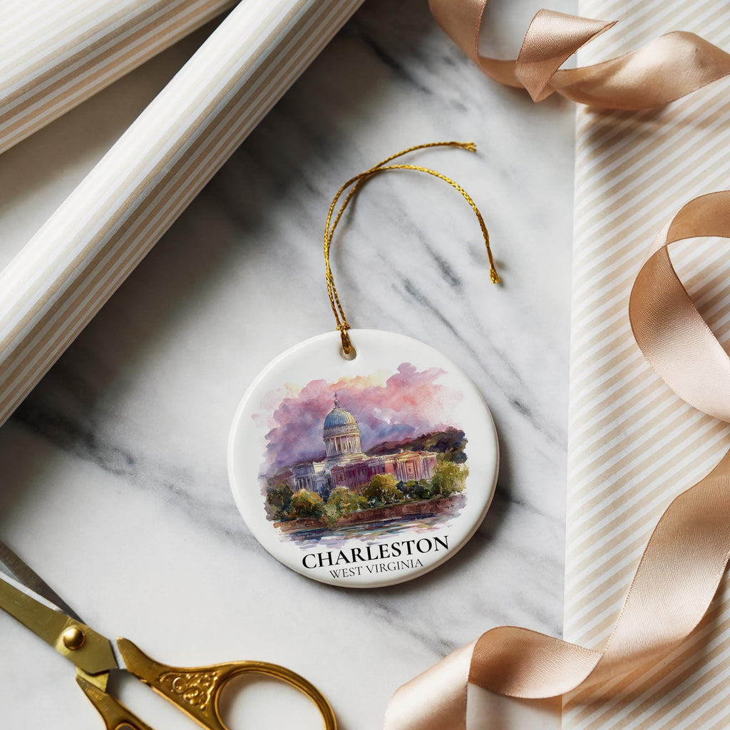Charleston West Virginia Personalized Watercolor Ornament, Custom Ceramic Christmas gift, Travel Keepsake - CuteBeePix
