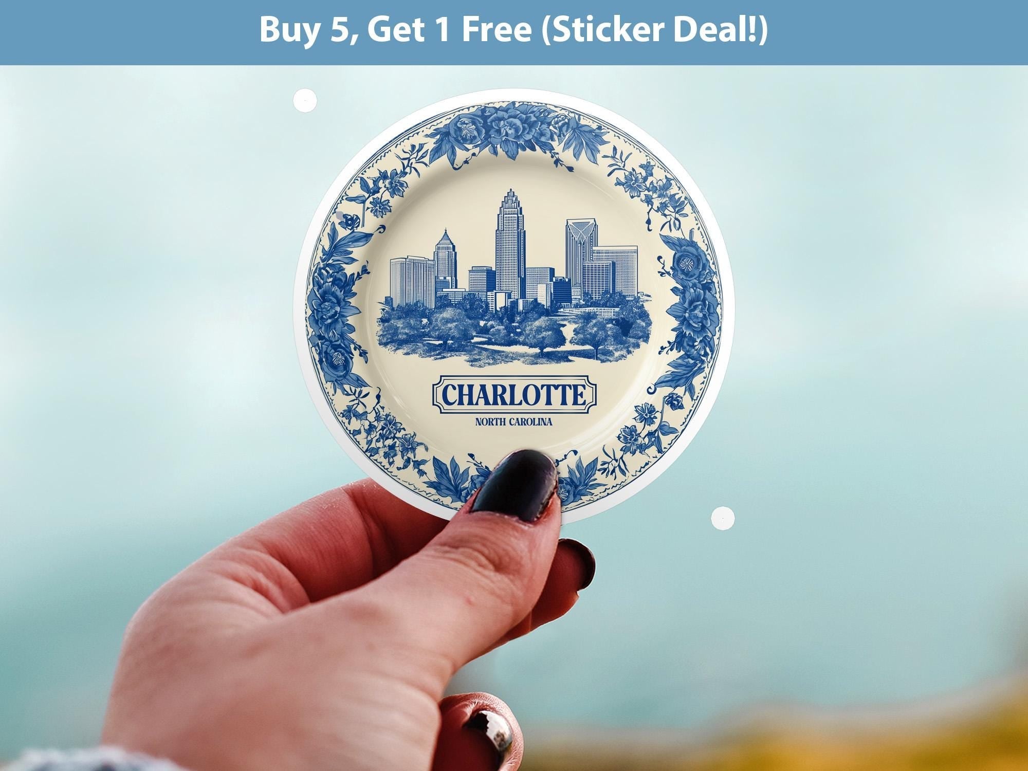 Charlotte North Carolina Sticker Vintage Delft style, Delftware Decal Waterproof Vinyl, Blue Travel USA - CuteBeePix