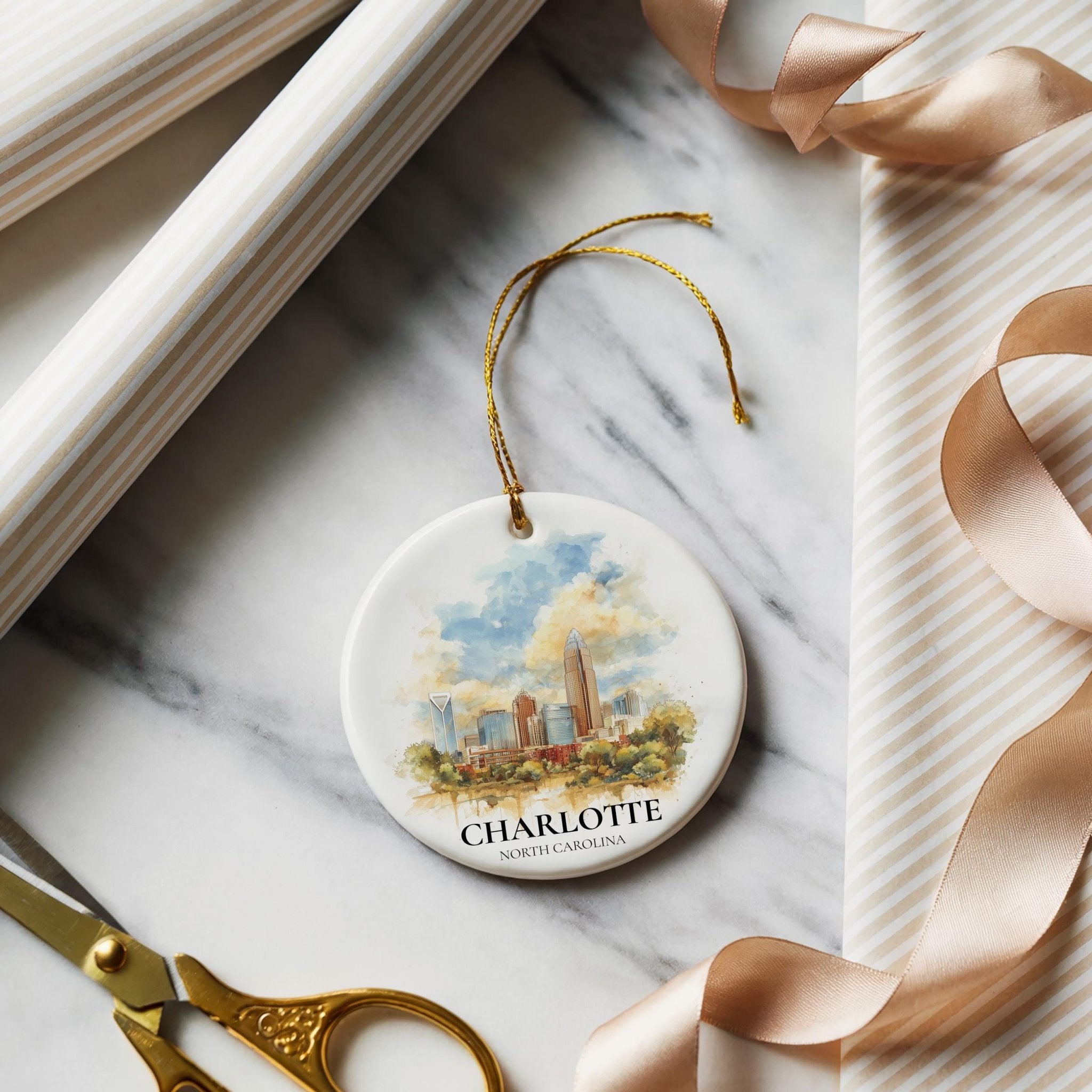 Charlotte Personalized Watercolor Ornament, North Carolina Custom Ceramic Christmas gift, Travel Keepsake - CuteBeePix