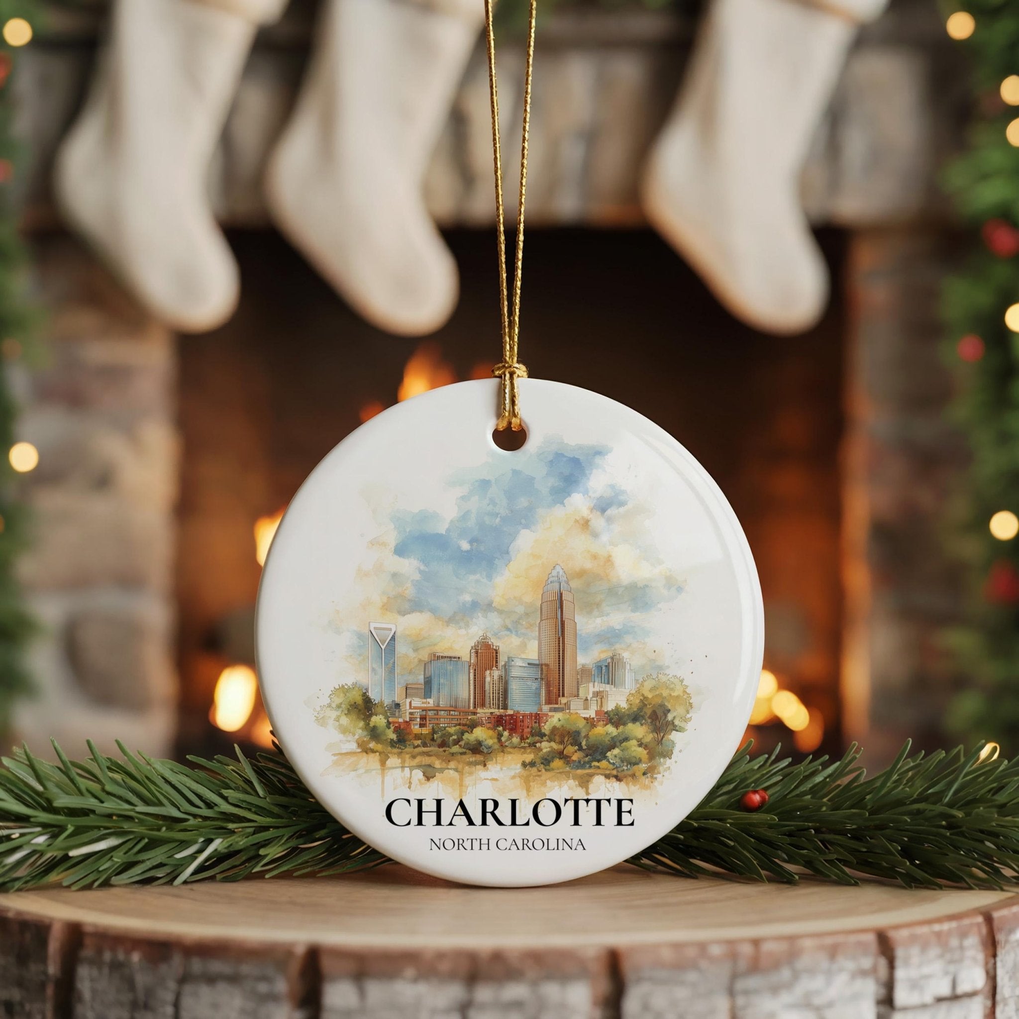 Charlotte Personalized Watercolor Ornament, North Carolina Custom Ceramic Christmas gift, Travel Keepsake - CuteBeePix