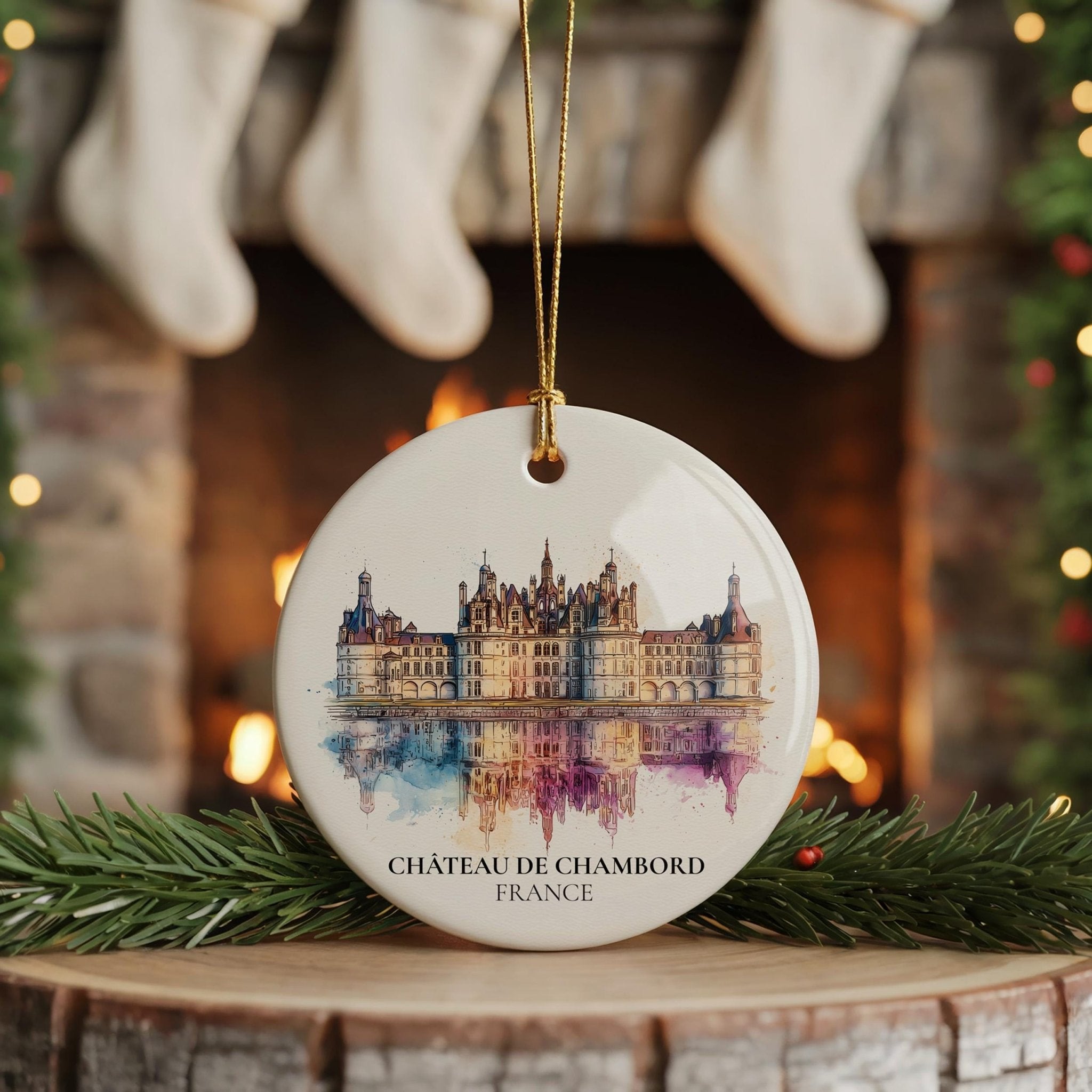 Chateau de Chambord France Personalized Watercolor Ornament, Custom Ceramic Christmas gift, Travel Keepsake - CuteBeePix