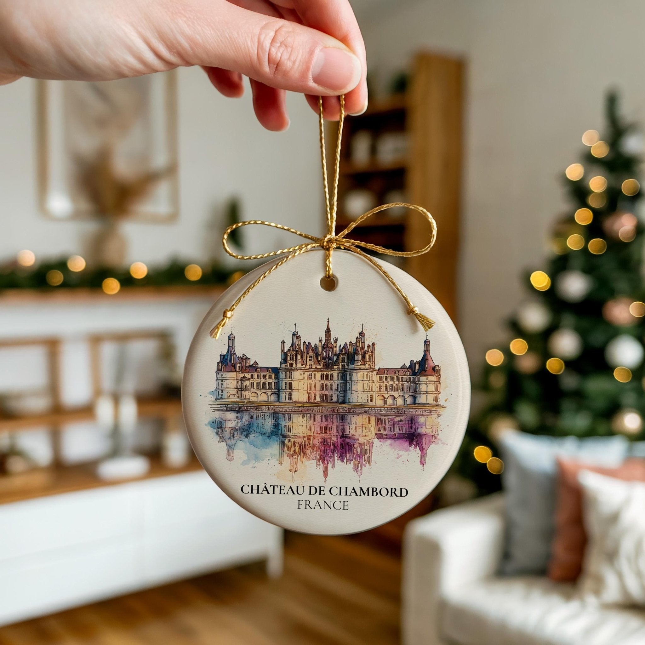 Chateau de Chambord France Personalized Watercolor Ornament, Custom Ceramic Christmas gift, Travel Keepsake - CuteBeePix