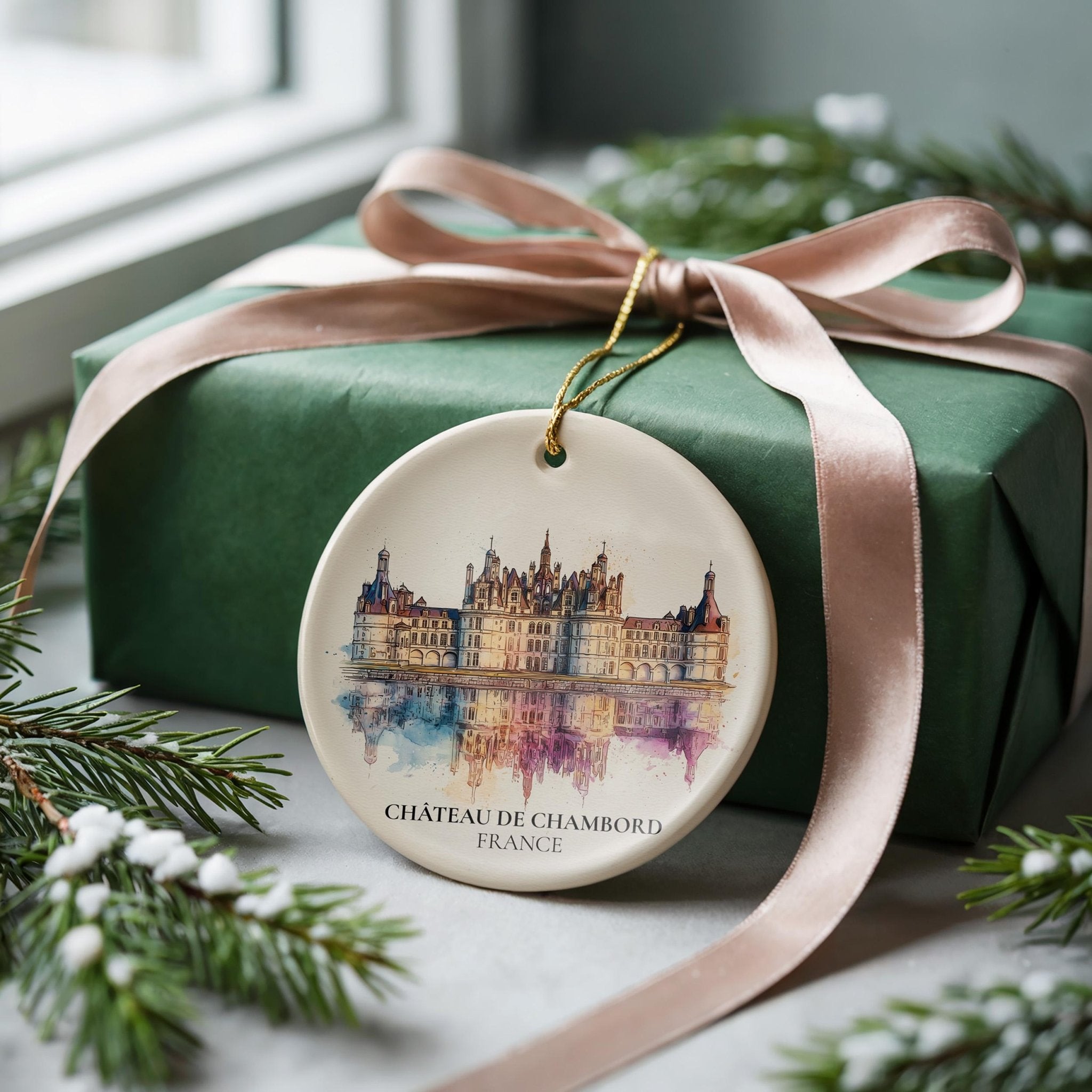 Chateau de Chambord France Personalized Watercolor Ornament, Custom Ceramic Christmas gift, Travel Keepsake - CuteBeePix