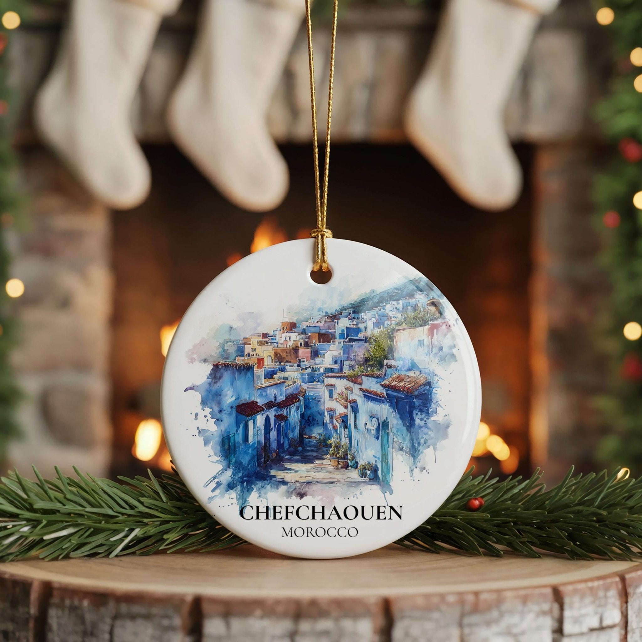Chefchaouen Morocco Personalized Watercolor Ornament, Custom Ceramic Christmas gift, Travel Keepsake - CuteBeePix