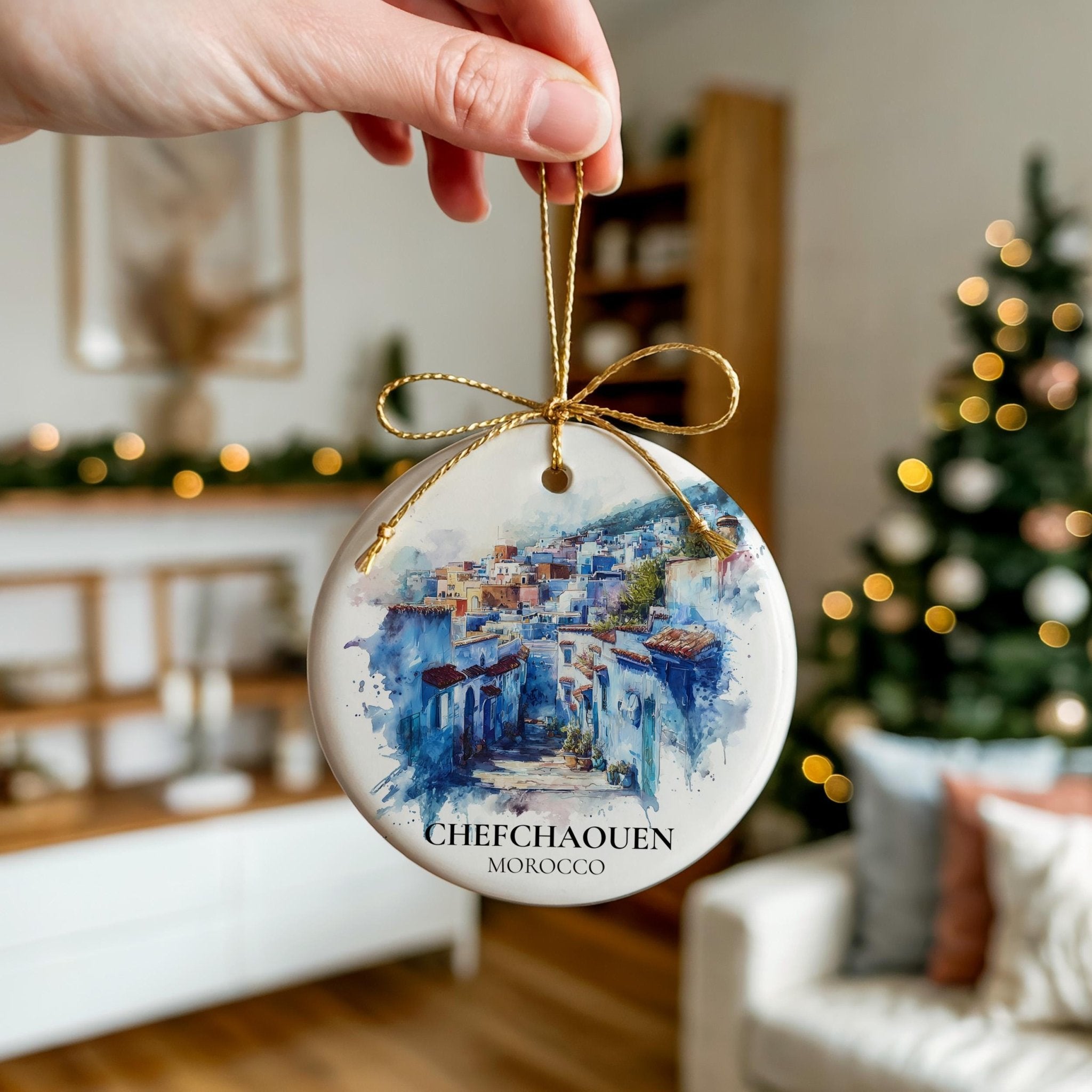 Chefchaouen Morocco Personalized Watercolor Ornament, Custom Ceramic Christmas gift, Travel Keepsake - CuteBeePix