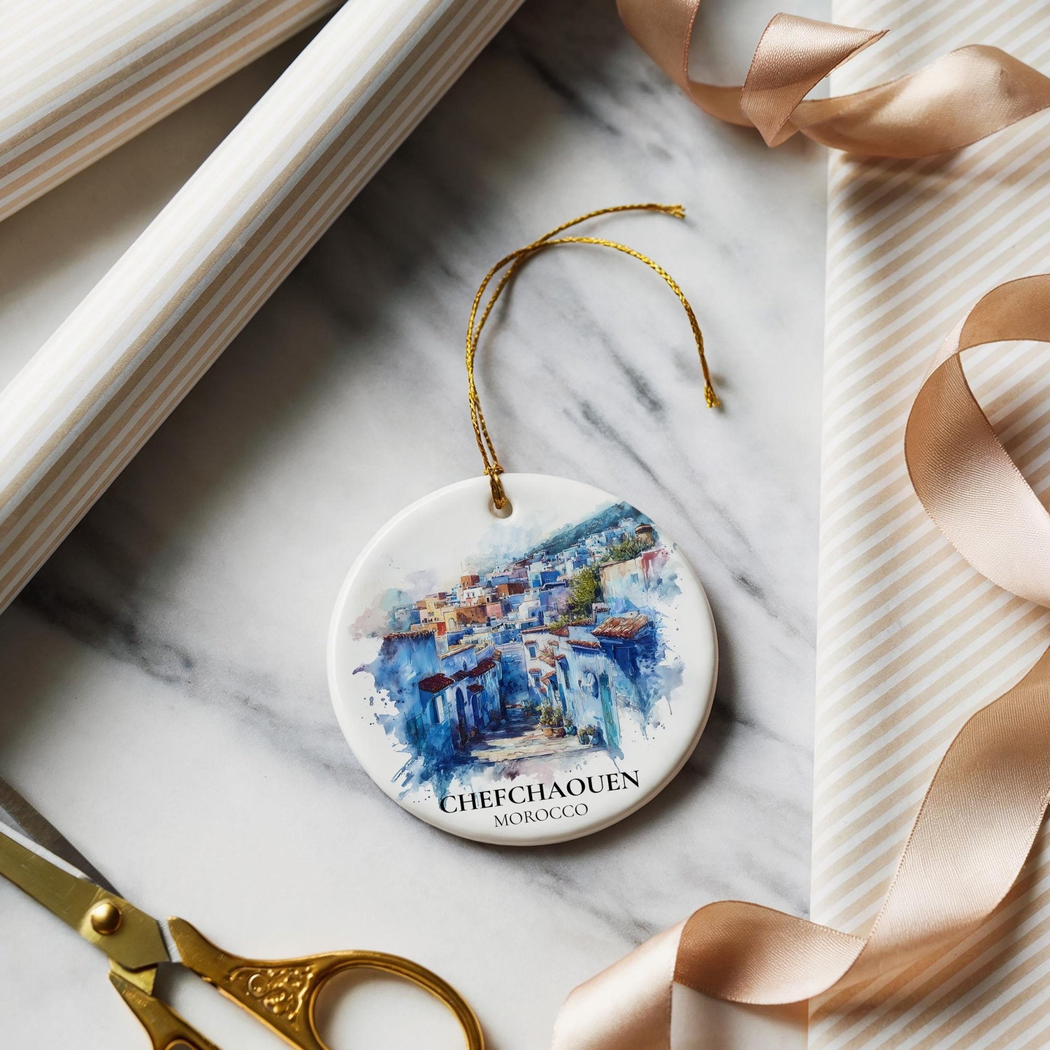 Chefchaouen Morocco Personalized Watercolor Ornament, Custom Ceramic Christmas gift, Travel Keepsake - CuteBeePix
