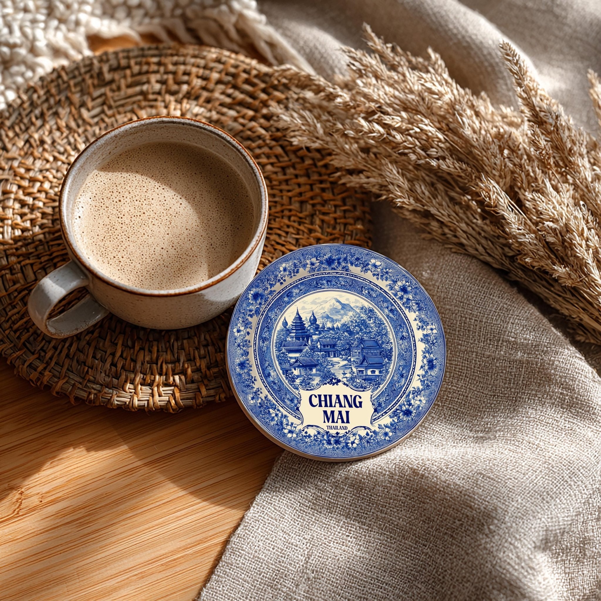 Chiang Mai Thailand Delftware Ceramic Coaster, Blue White Travel Gift, Vintage Home Decor Collectible - CuteBeePix