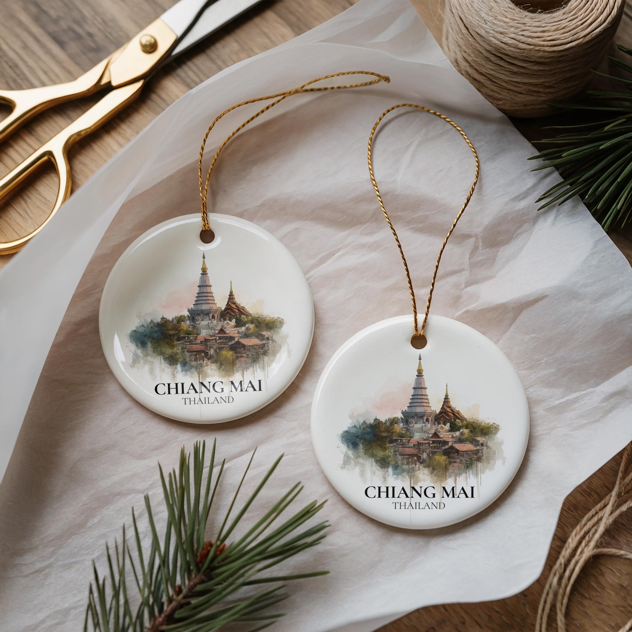 Chiang Mai Thailand Personalized Watercolor Ornament, Custom Ceramic Christmas gift, Travel Keepsake - CuteBeePix