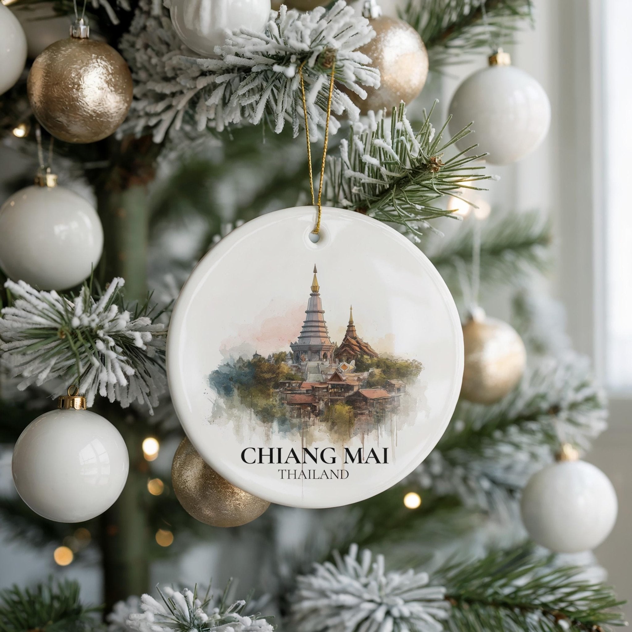 Chiang Mai Thailand Personalized Watercolor Ornament, Custom Ceramic Christmas gift, Travel Keepsake - CuteBeePix