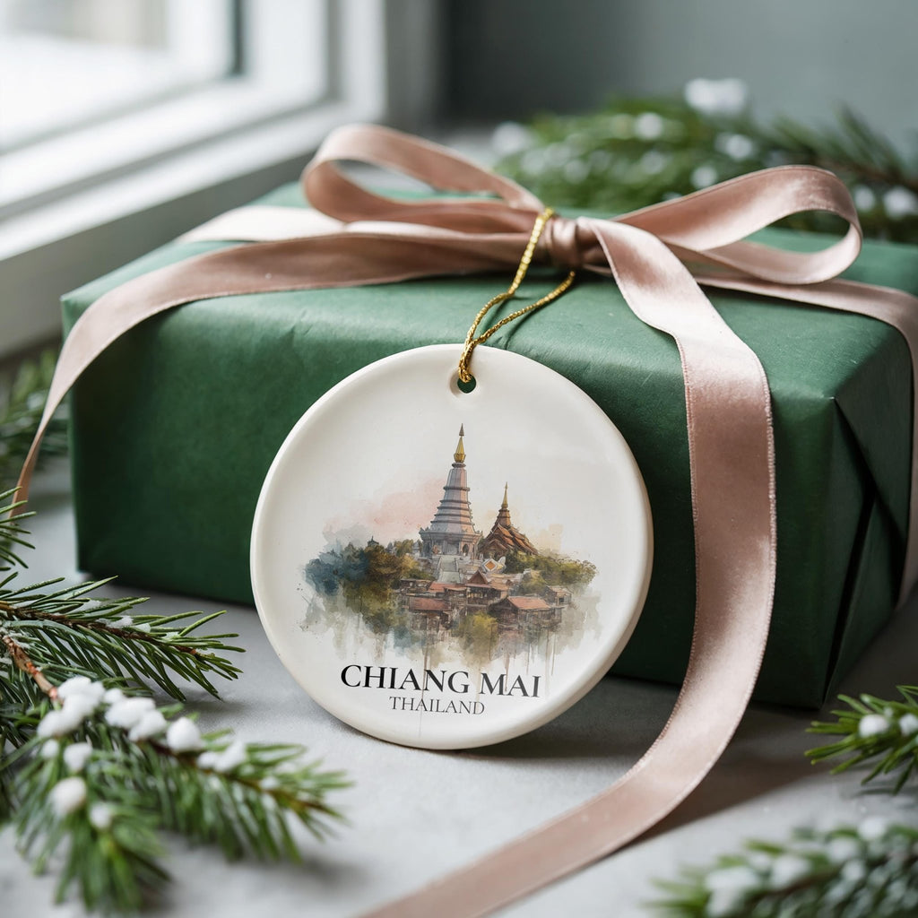 Chiang Mai Thailand Personalized Watercolor Ornament, Custom Ceramic Christmas gift, Travel Keepsake - CuteBeePix