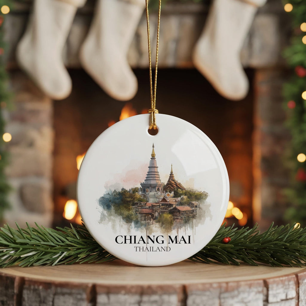 Chiang Mai Thailand Personalized Watercolor Ornament, Custom Ceramic Christmas gift, Travel Keepsake - CuteBeePix
