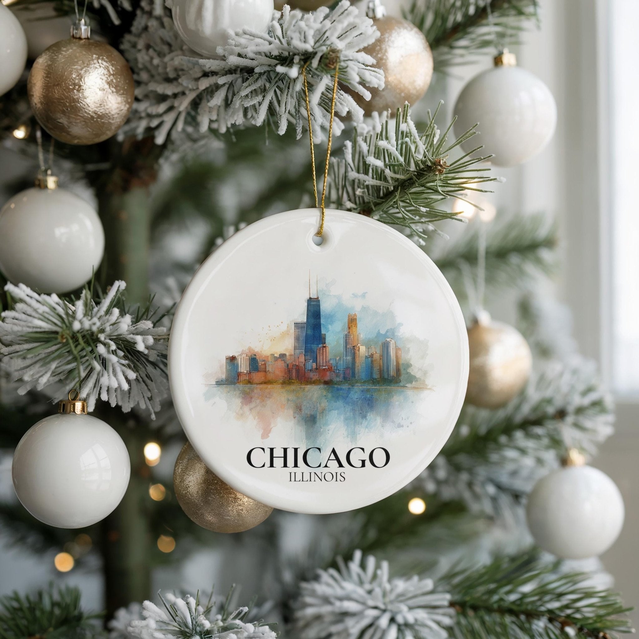 Chicago Illinois Personalized Watercolor Ornament, Custom Ceramic Christmas gift, Travel Keepsake - CuteBeePix