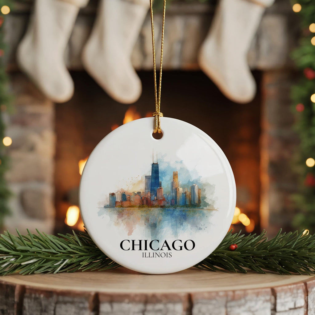 Chicago Illinois Personalized Watercolor Ornament, Custom Ceramic Christmas gift, Travel Keepsake - CuteBeePix