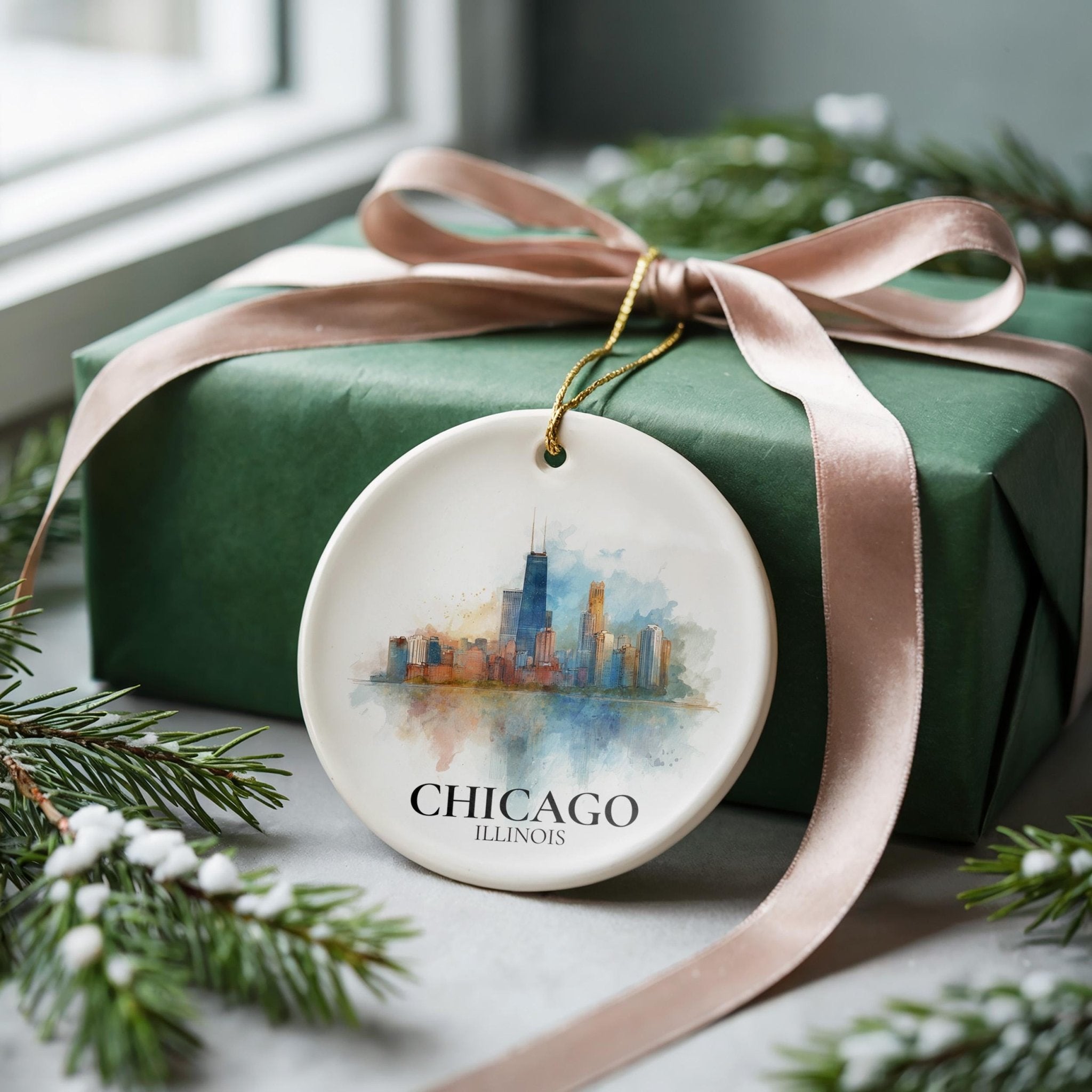 Chicago Illinois Personalized Watercolor Ornament, Custom Ceramic Christmas gift, Travel Keepsake - CuteBeePix