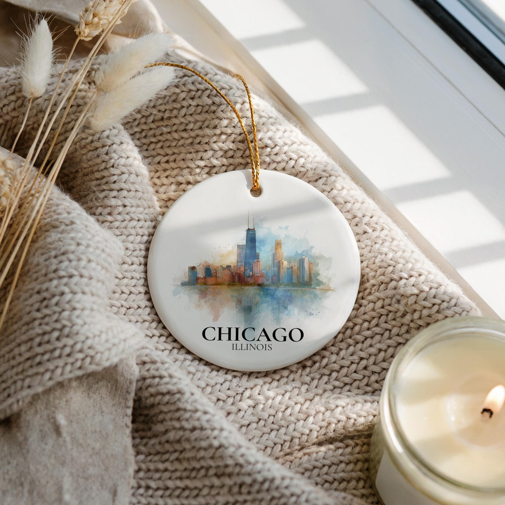 Chicago Illinois Personalized Watercolor Ornament, Custom Ceramic Christmas gift, Travel Keepsake - CuteBeePix