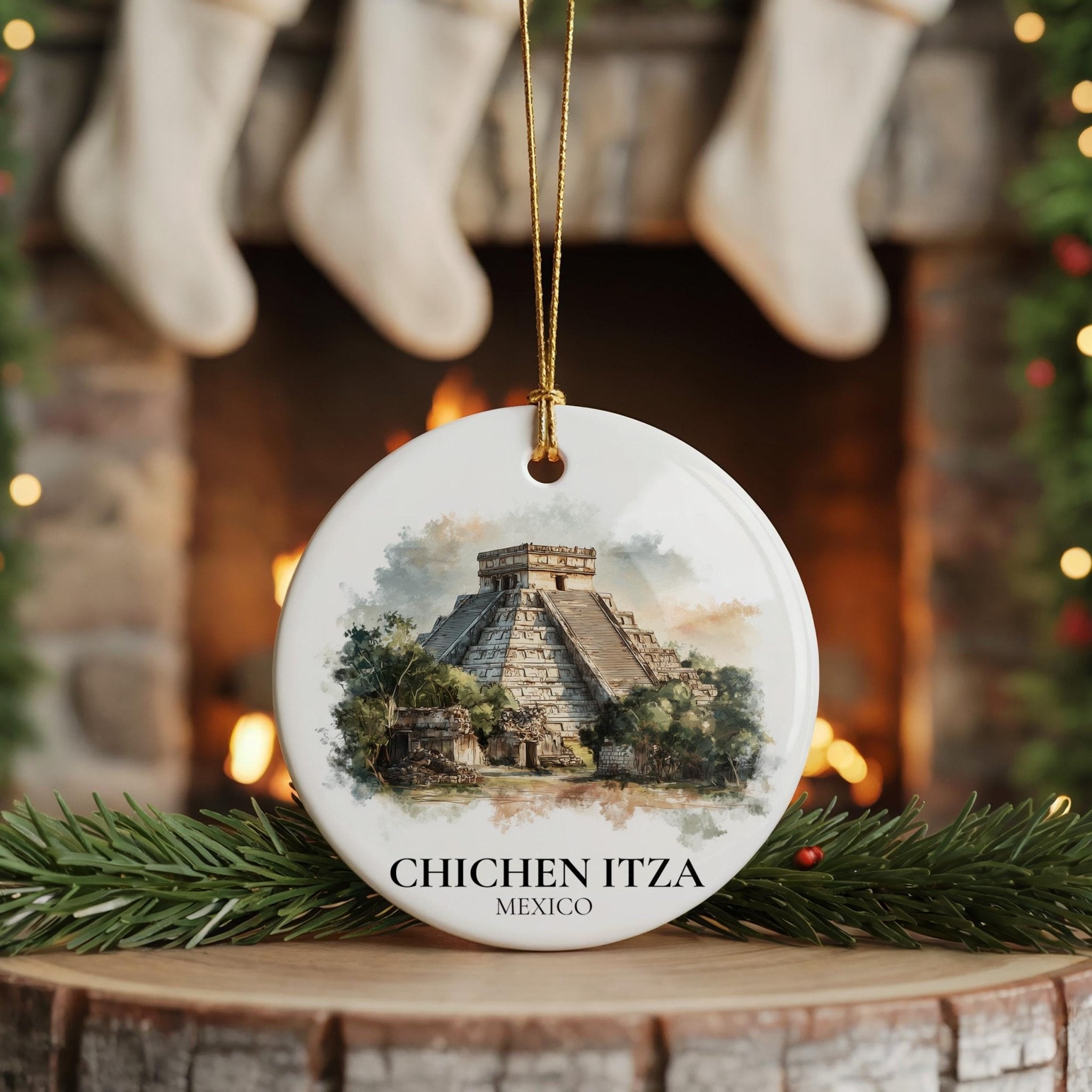 Chichen Itza Mexico Personalized Watercolor Ornament, Custom Ceramic Christmas gift, Travel Keepsake - CuteBeePix