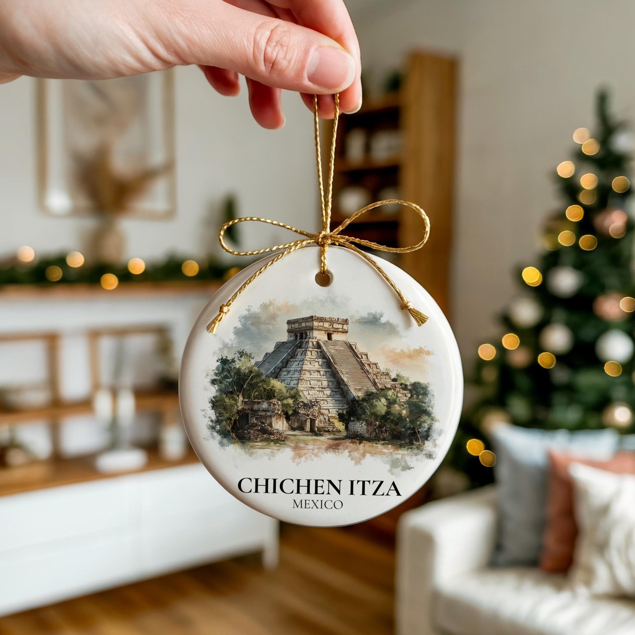 Chichen Itza Mexico Personalized Watercolor Ornament, Custom Ceramic Christmas gift, Travel Keepsake - CuteBeePix