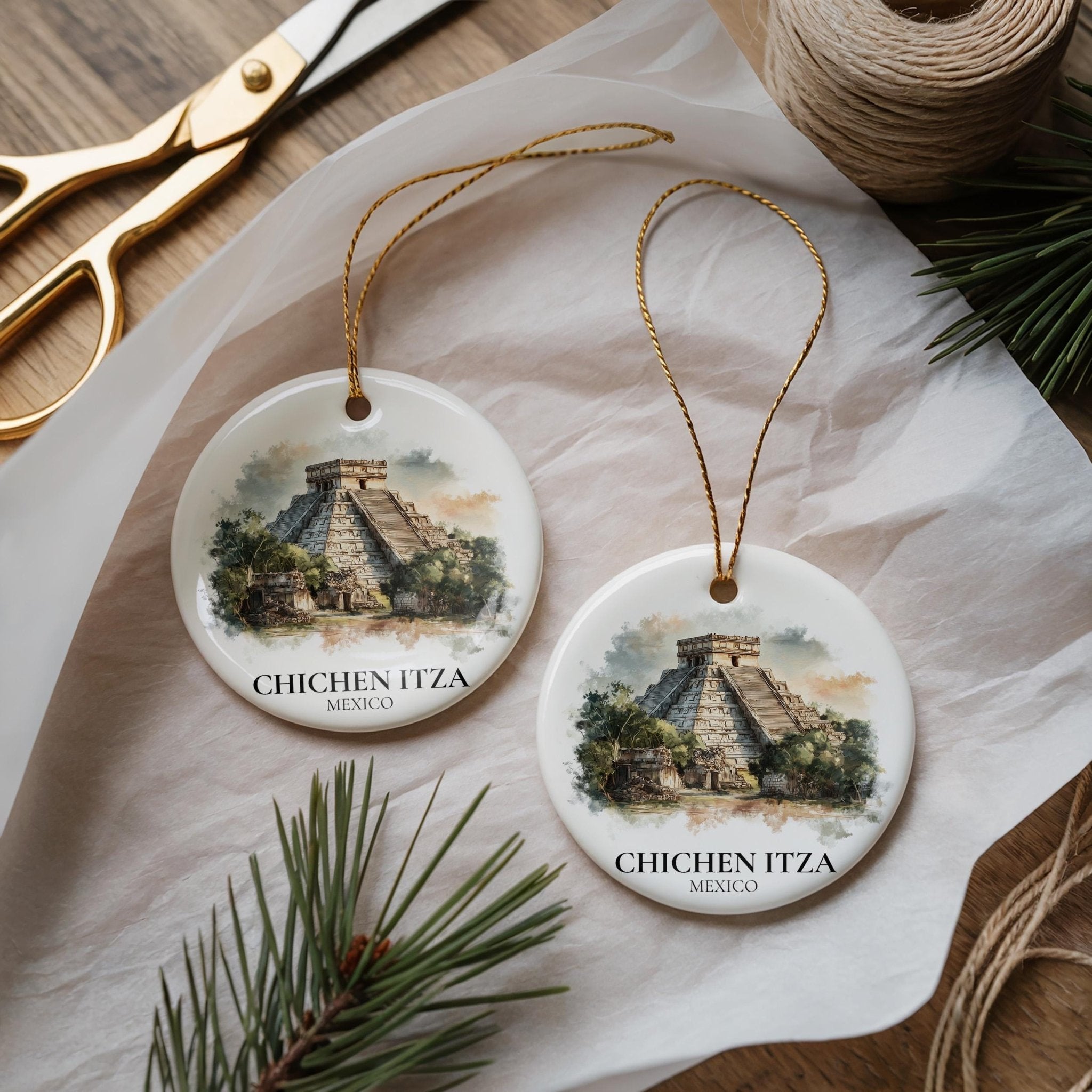 Chichen Itza Mexico Personalized Watercolor Ornament, Custom Ceramic Christmas gift, Travel Keepsake - CuteBeePix